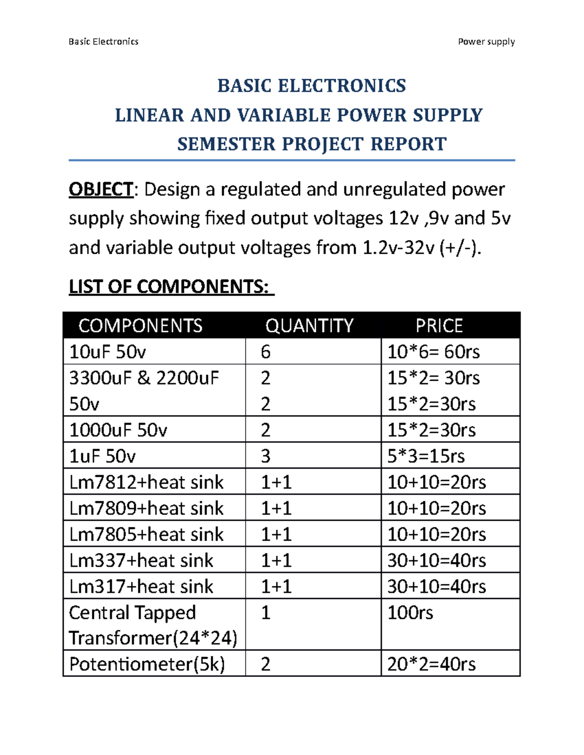 Basic Electronics (EE 101) Linear & Variable Power Supply Project ...