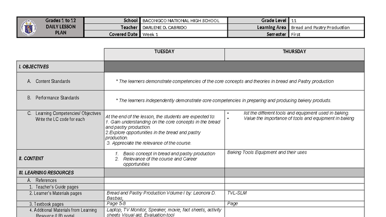 Q1-W1: Daily Lesson Plan for Bread and Pastry Production - Studocu