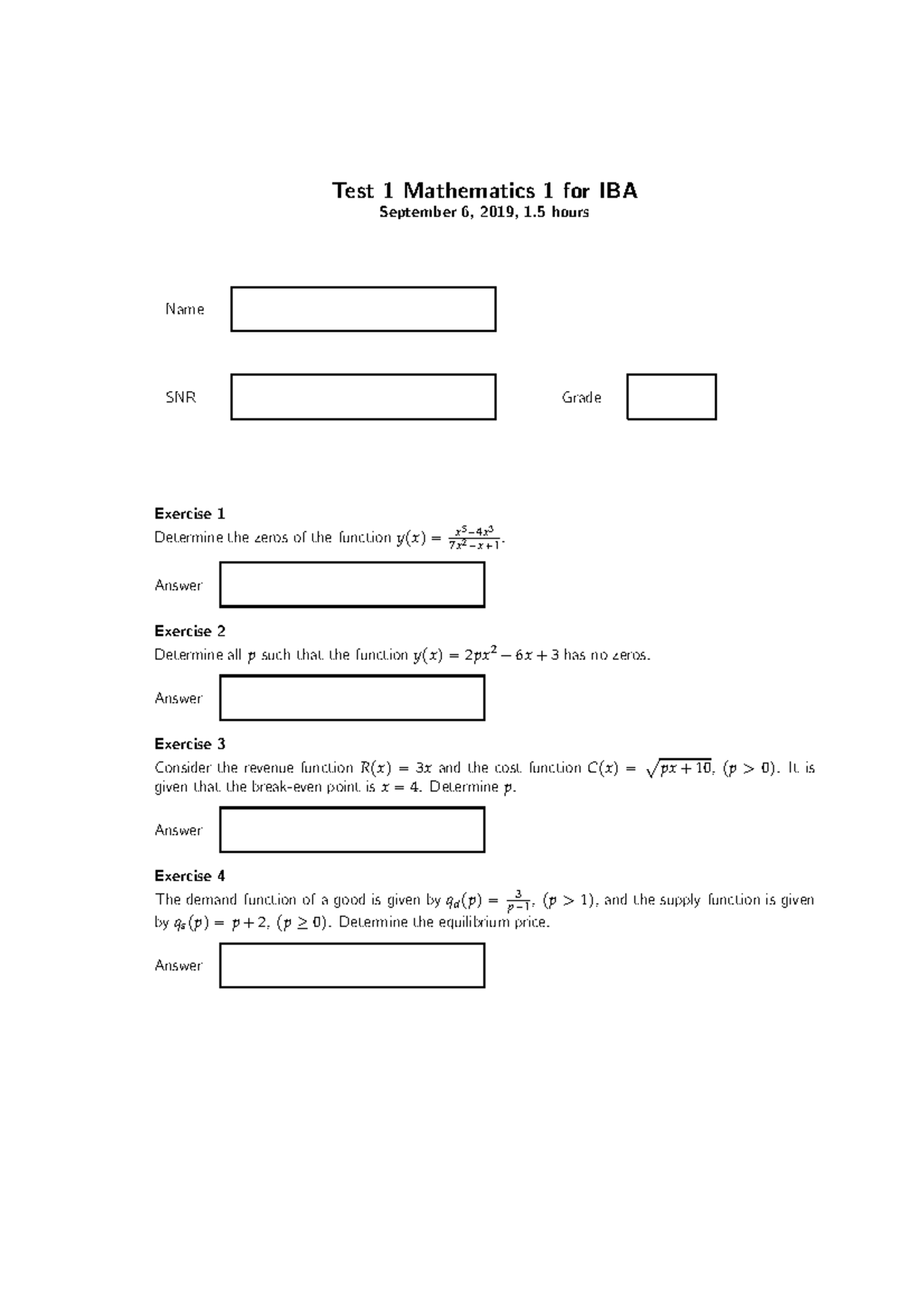 Test 1 Math 2019-2020 - Midterm Exam Chapter 1 Mathematics - Studeersnel