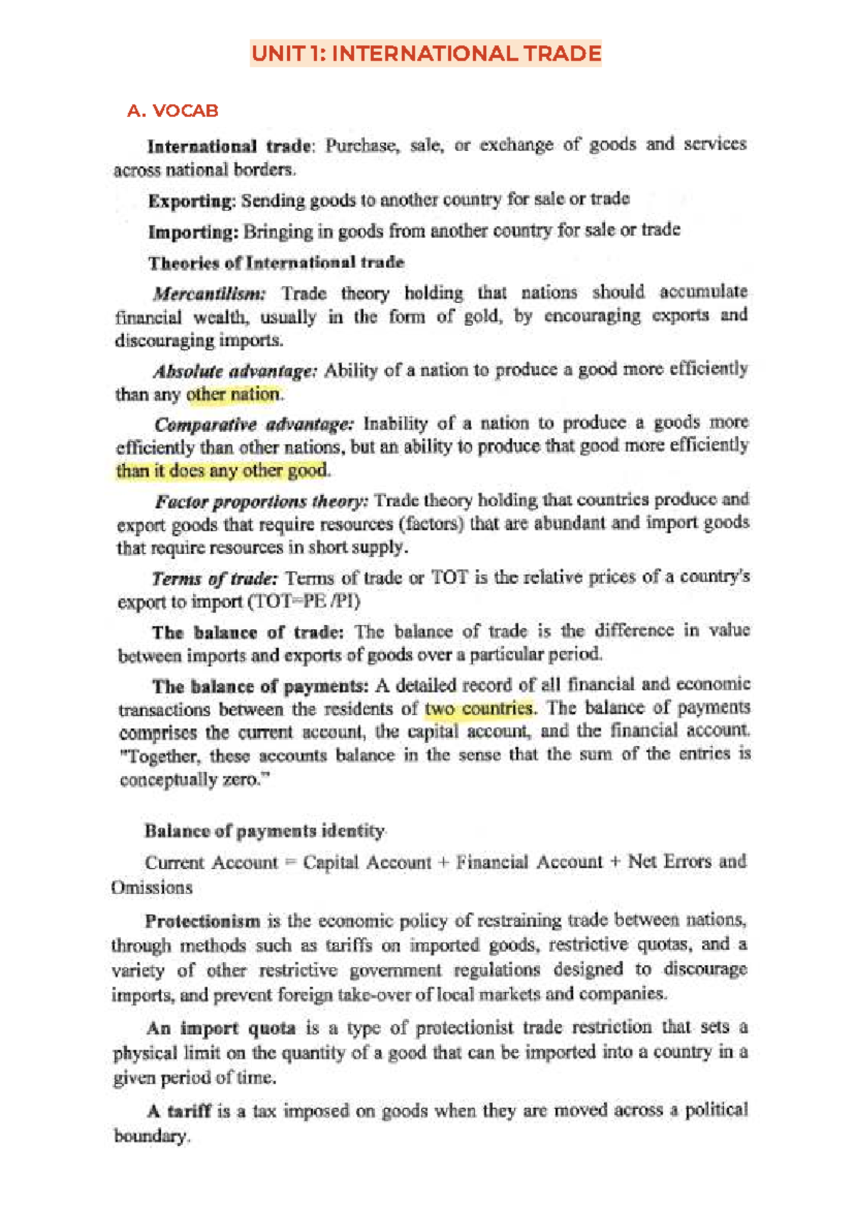 UNIT 1: International Trade Vocabulary & Concepts - ESP231 - Studocu