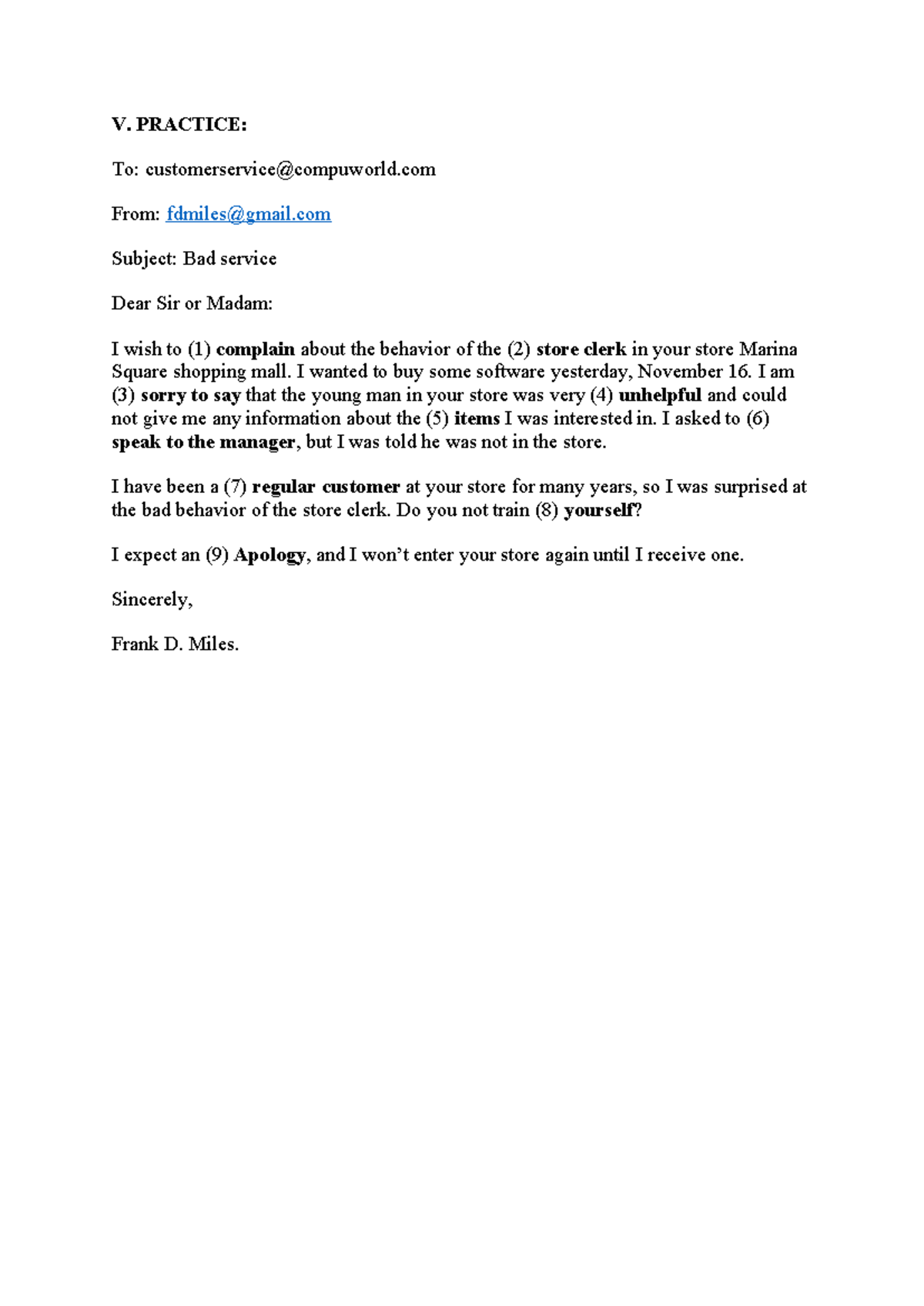 V. Practice: Complaint Letter on Bad Service - ENG - Studocu