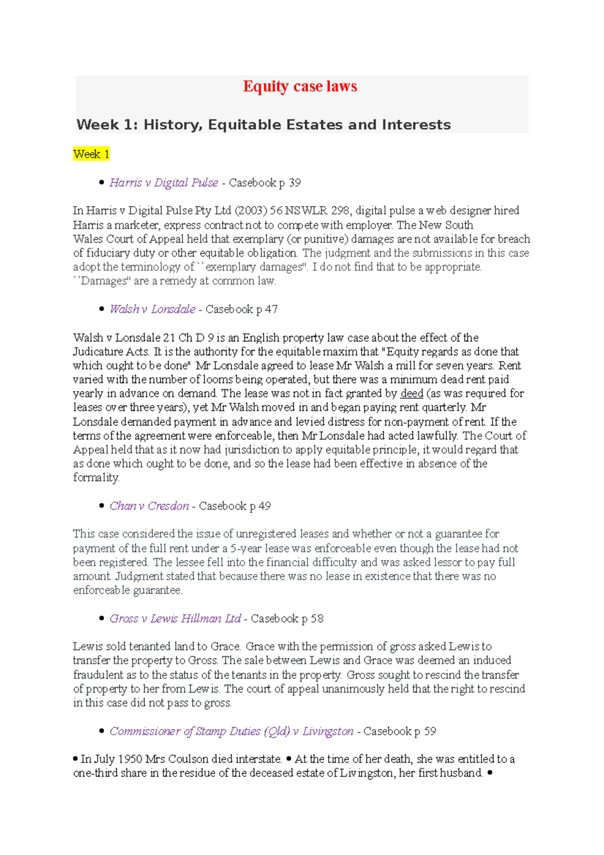 Equity Cases - Summaries of Key Decisions and Legal Principles - Studocu