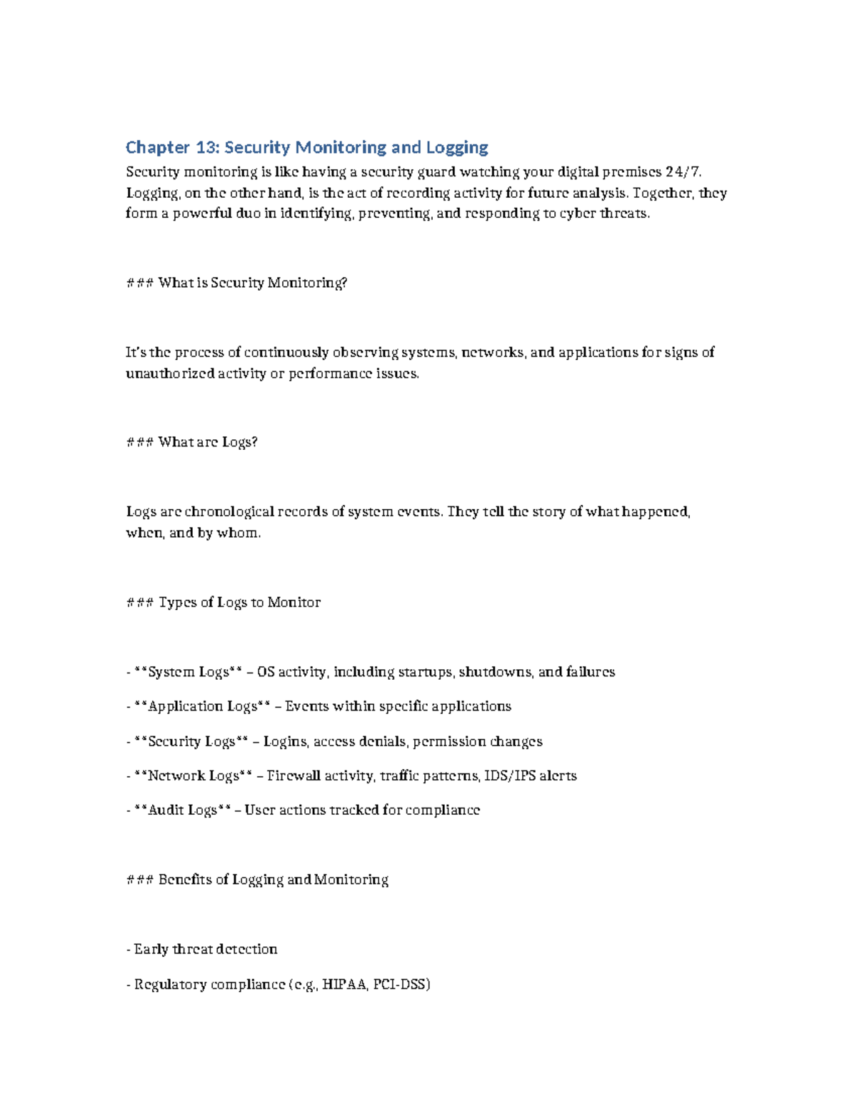 Chapter 13: Security Monitoring & Logging Overview - Studocu