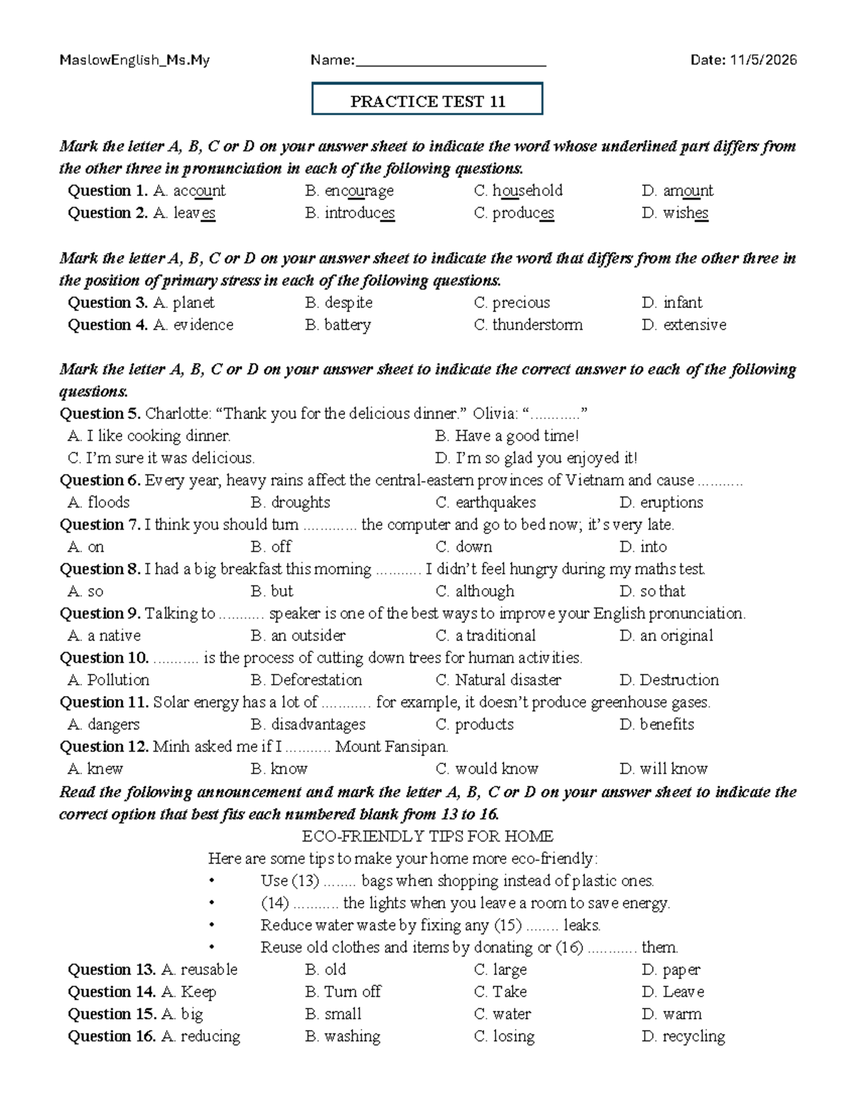 G9 11.5 Practice TEST 11 & 12: English Language Skills Assessment - Studocu