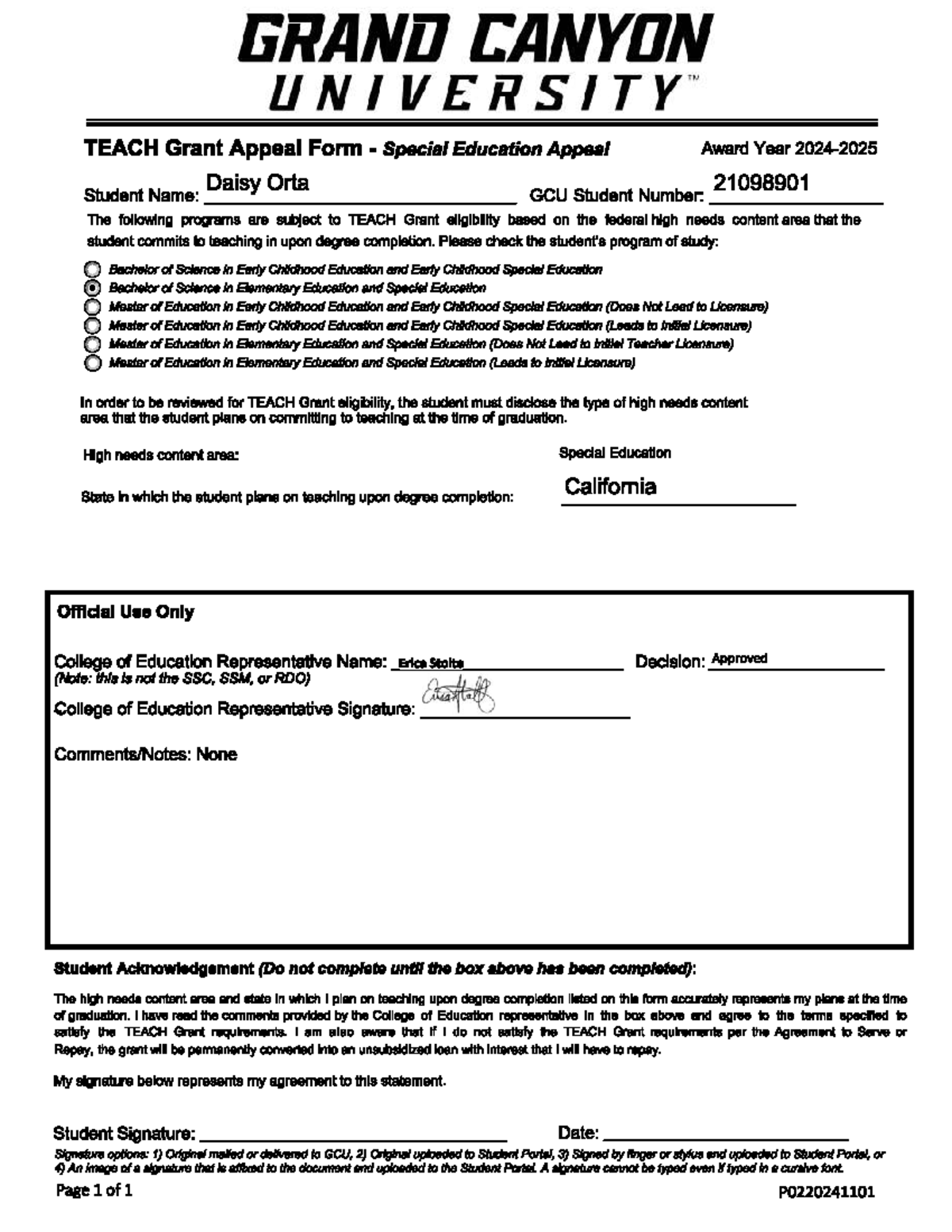 GCU TEACH Grant Appeal Form for Special Education - Daisy Orta 21098901 ...