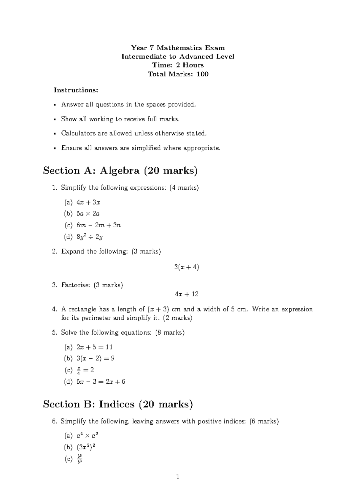 Practice AT3 Year 7 Math Exam: Intermediate to Advanced Level - Studocu