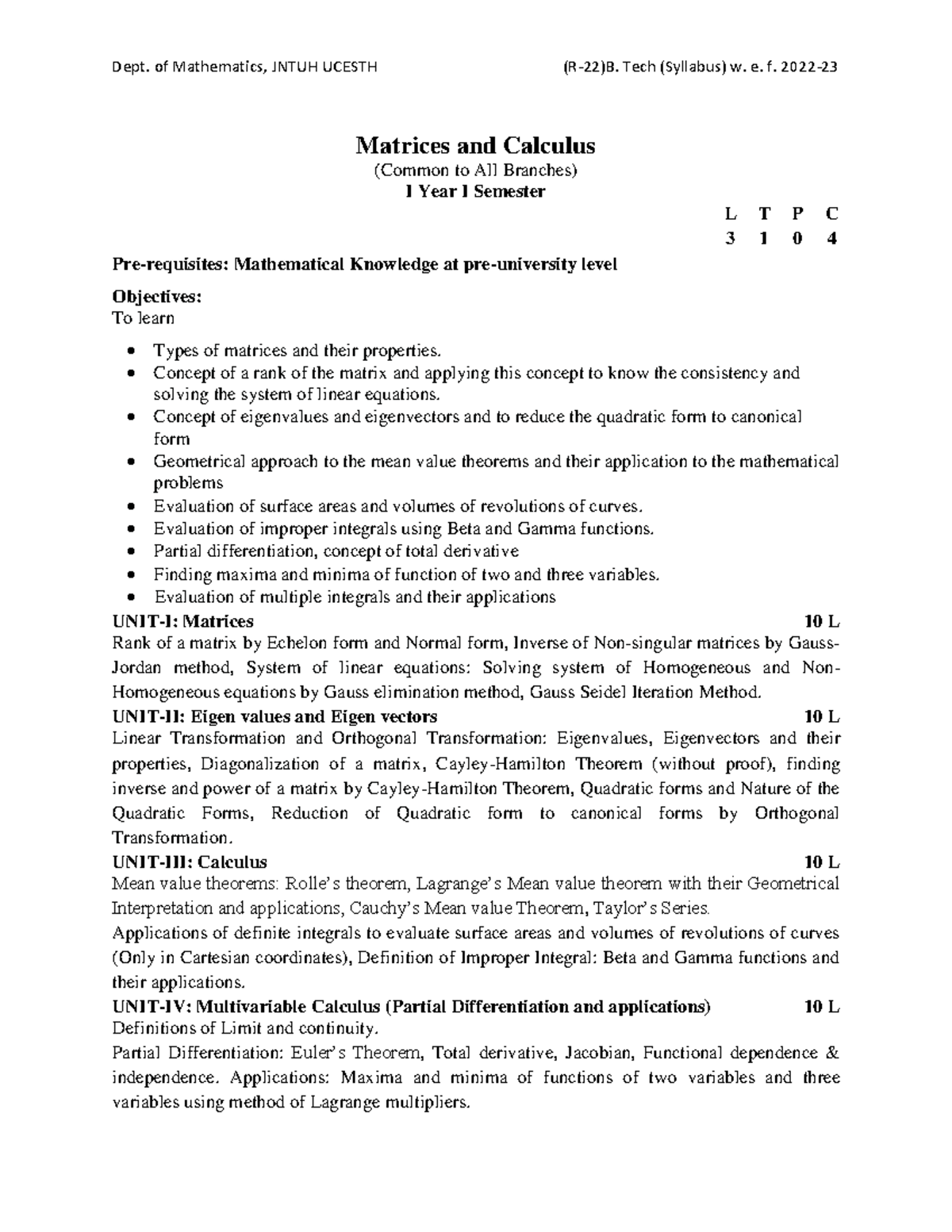 177 BTech Mathematics R 22 - Detailed Syllabus and Course Overview ...