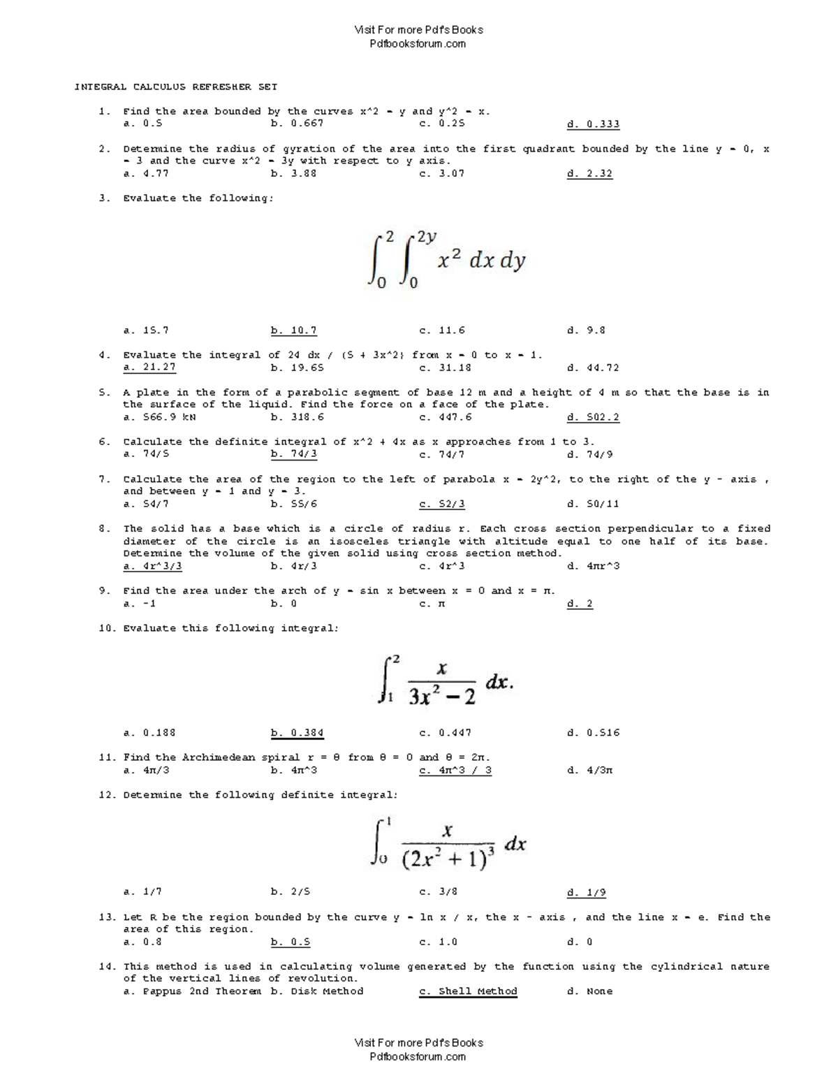 Integral Calculus Refresher Set: Practice Problems and Solutions - Studocu