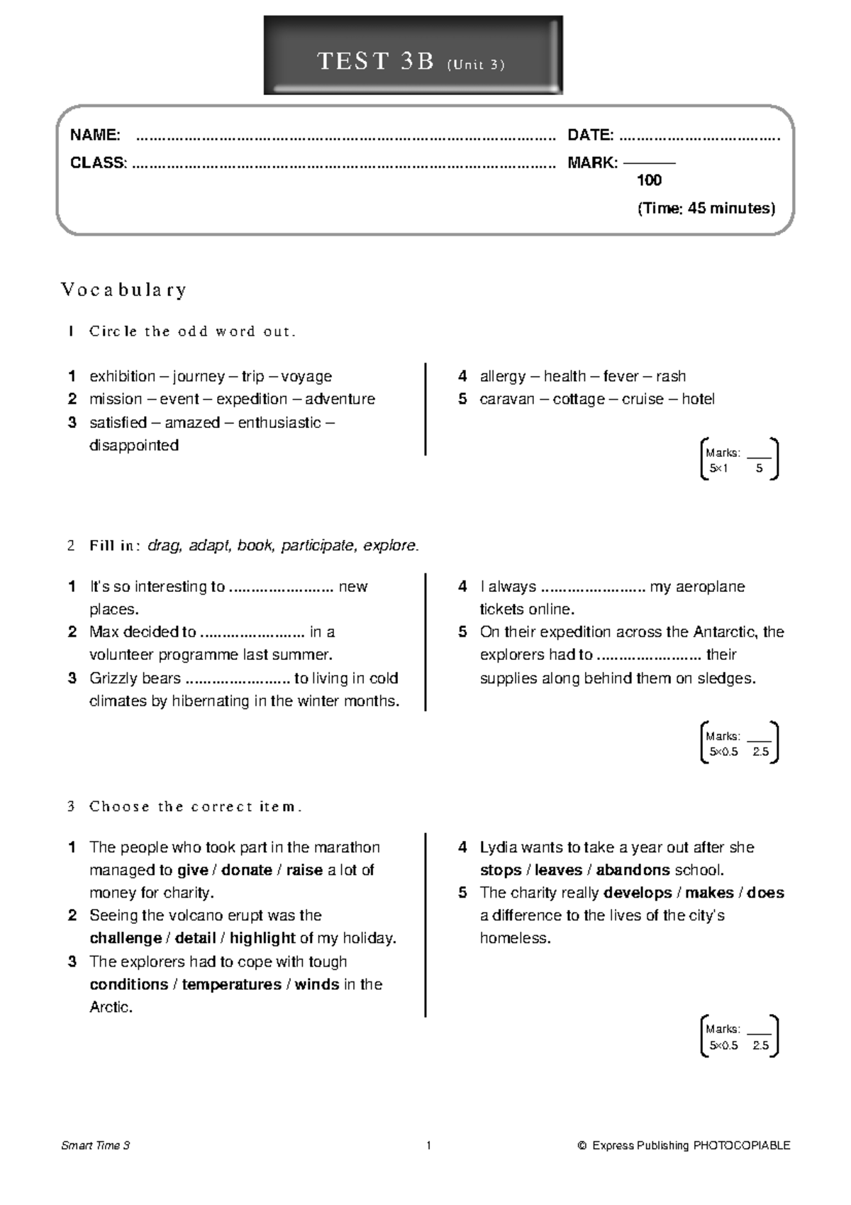 Smart Time 3 Test 3B Vocabulary and Grammar Assessment - Studocu
