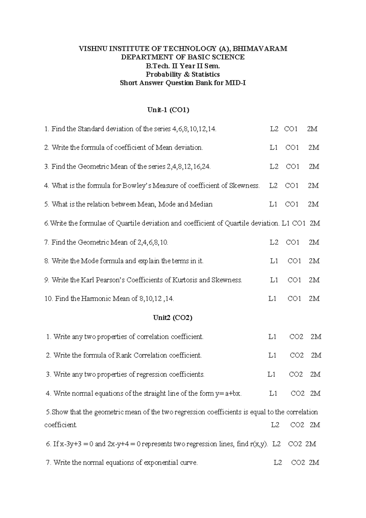 B.Tech II Year II Sem PS Unit-1 Short Answer Question Bank - Studocu