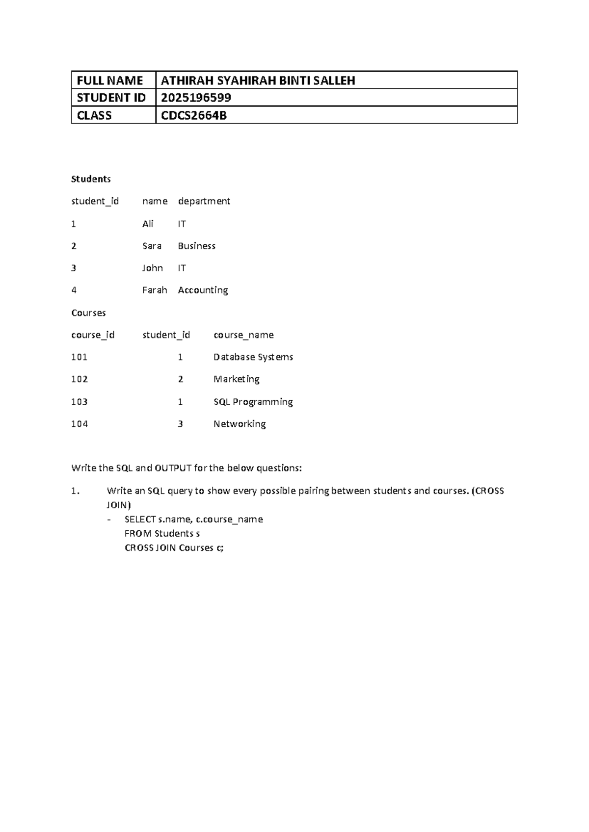 Joins Q CDCS2664B: SQL Queries for Student-Course Pairings - Studocu