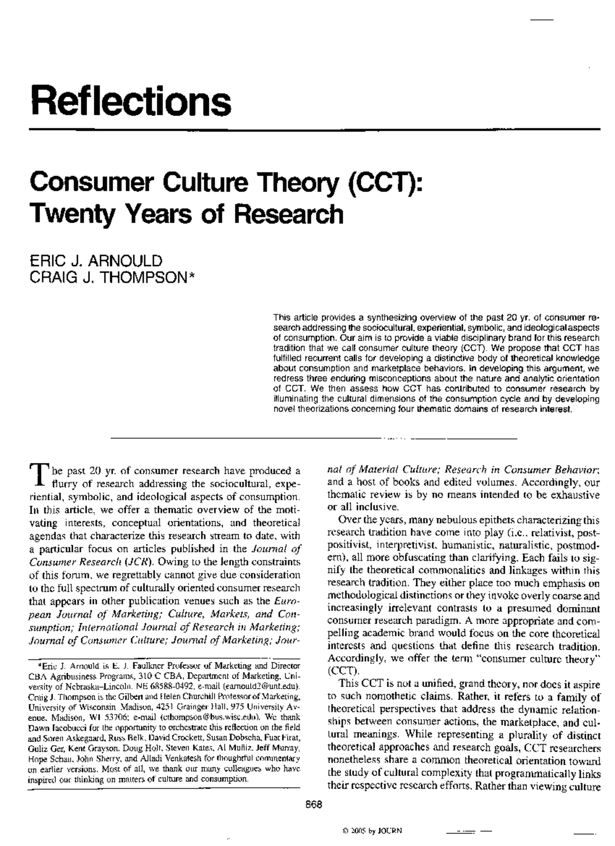 CCT 20 Years of Research: Insights into Consumer Culture Theory