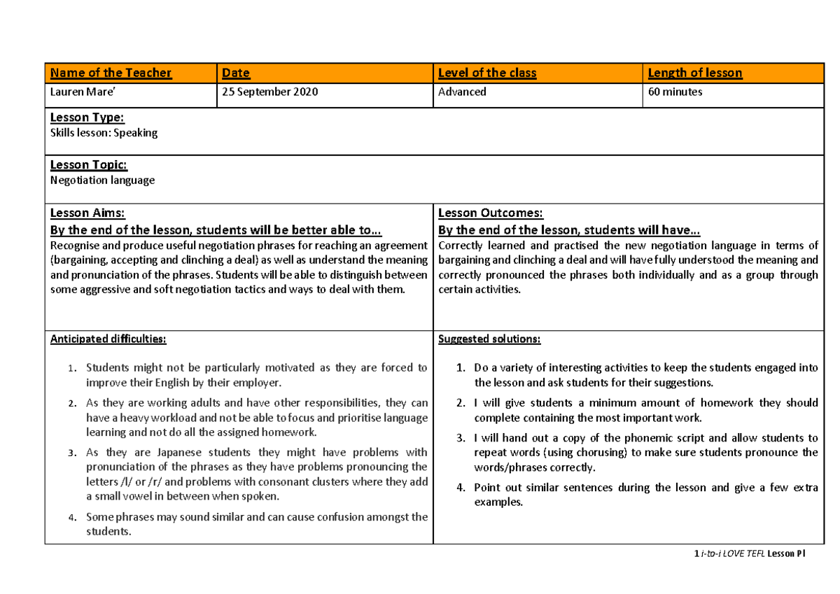 Advanced Mare Business English Lesson Plan: Negotiation Language - Studocu