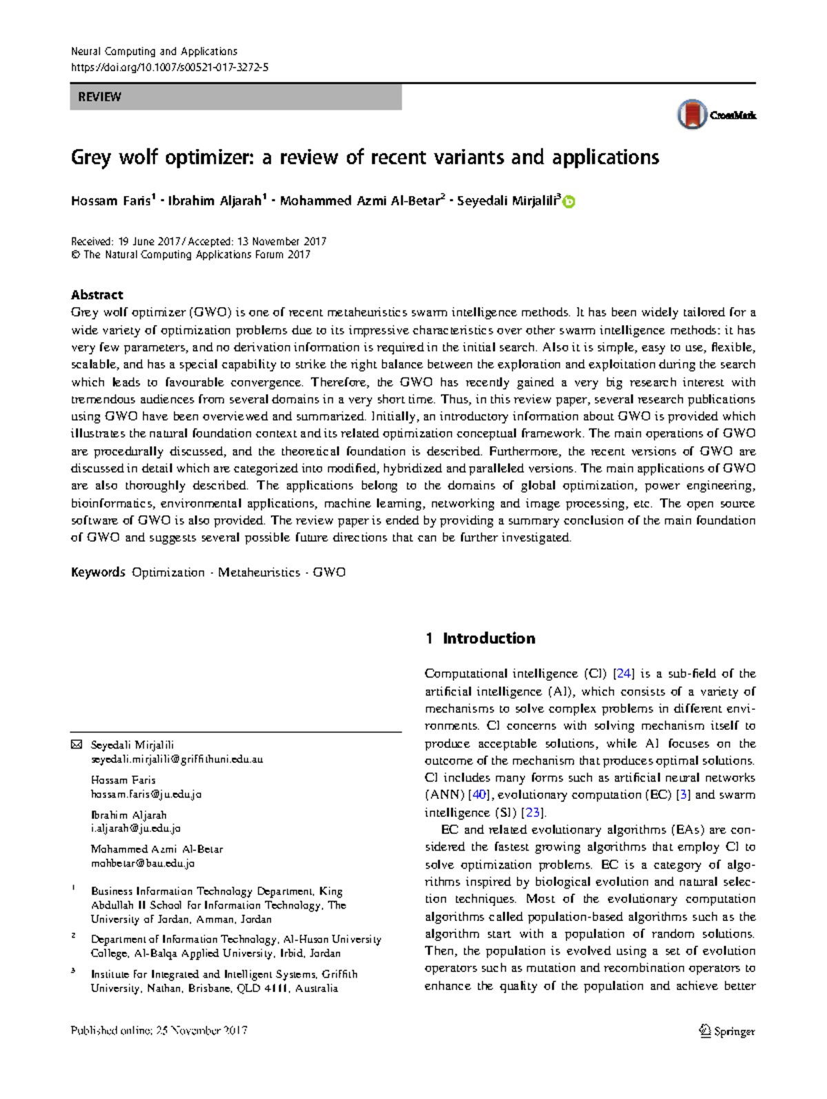 Grey Wolf Optimizer (GWO): A Comprehensive Review of Variants and ...
