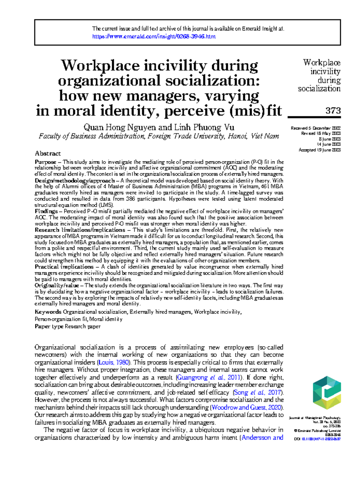 27. Workplace Incivility and Affective Commitment: Insights for New ...