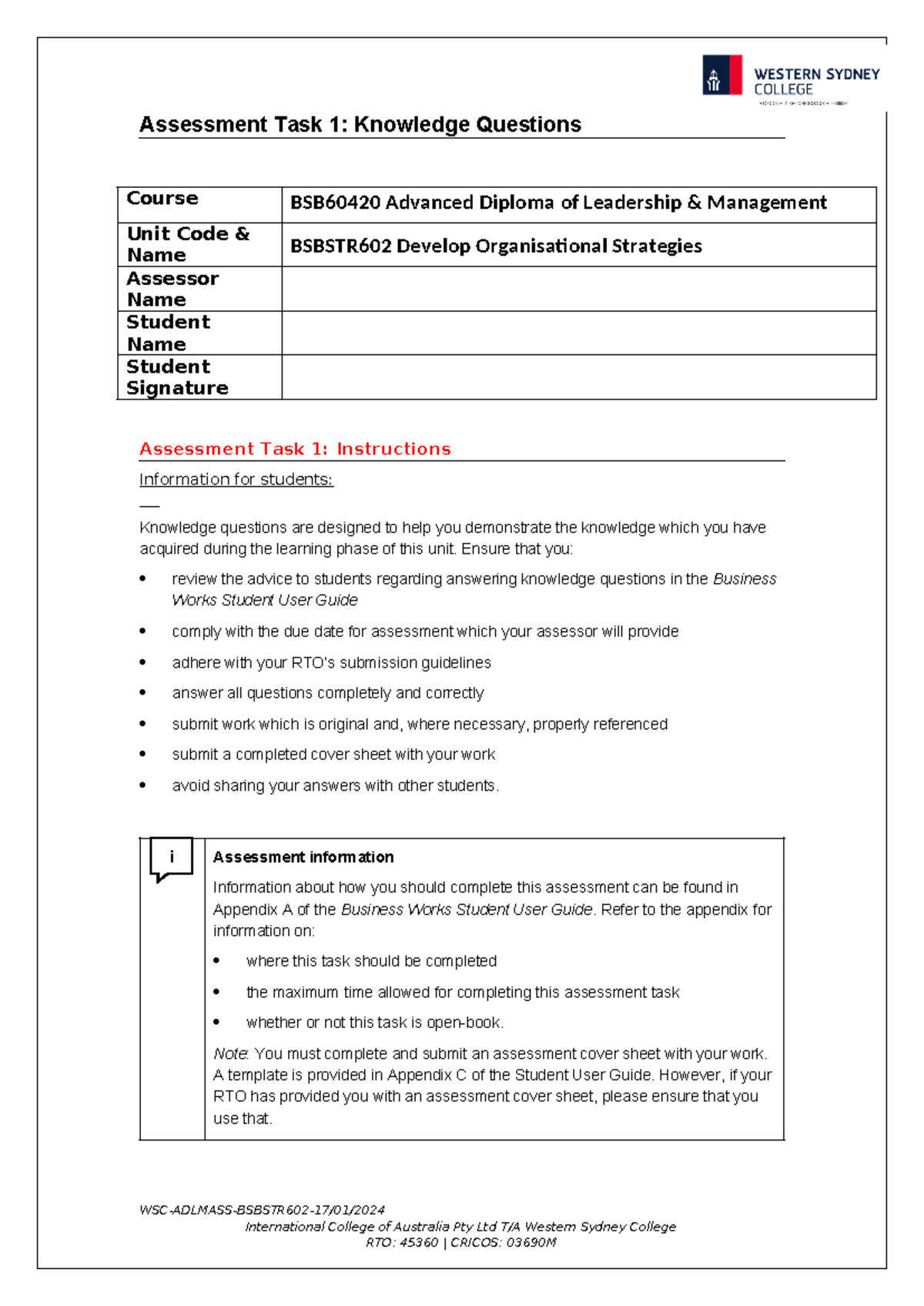 Assessment Task 1: Knowledge Questions for BSBSTR602 Course - Studocu