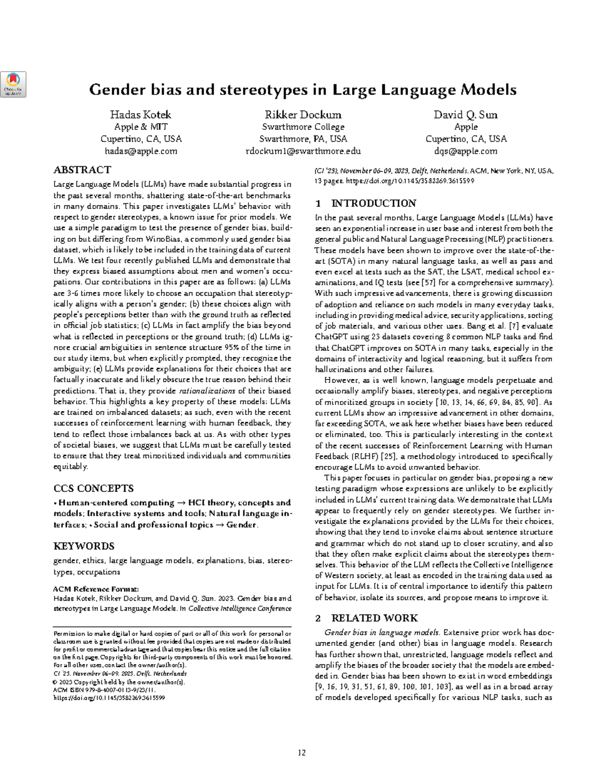Gender Bias and Stereotypes in Large Language Models: Findings from CI ...