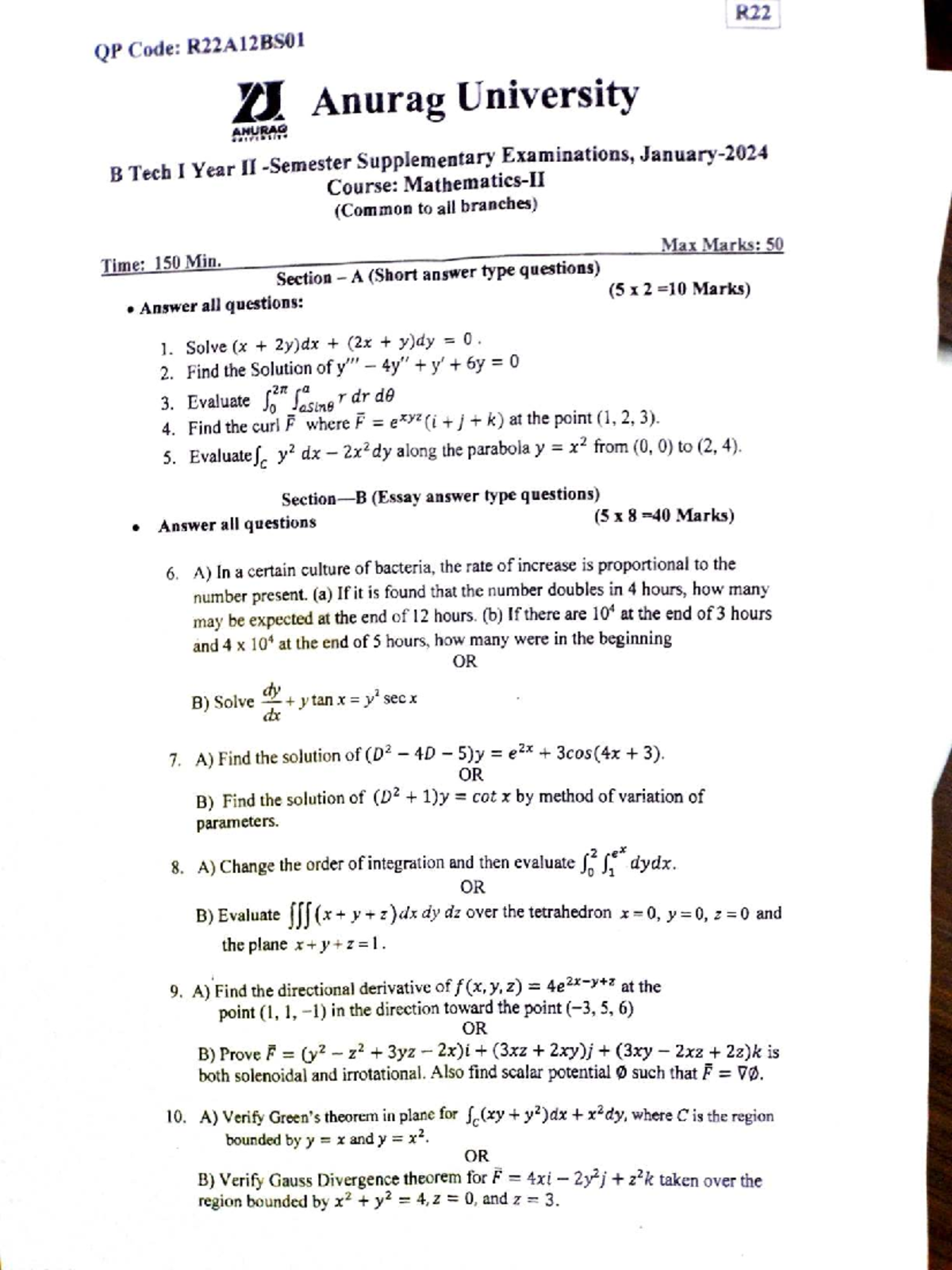 R22A12BS01 BTech I Year II Supplementary Exam Question Paper - Studocu