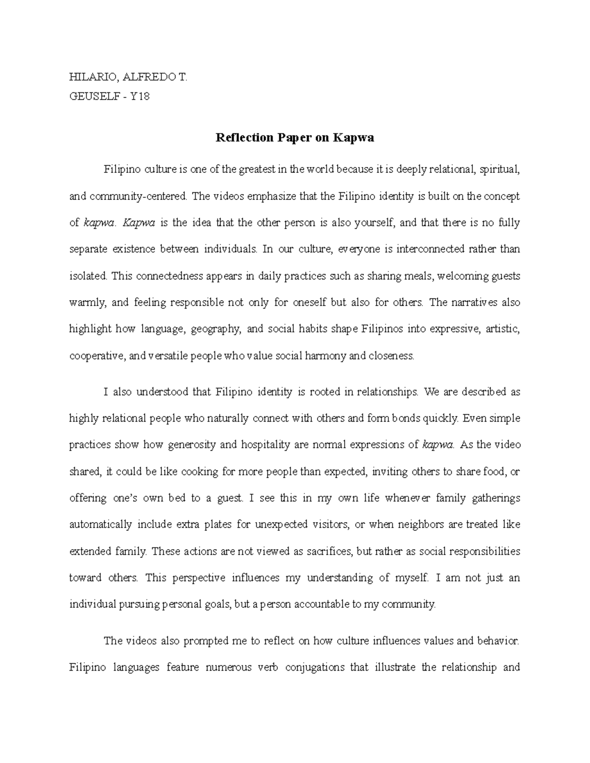 HILARIO Y18 Reflection Paper: Understanding Kapwa in Filipino Culture ...