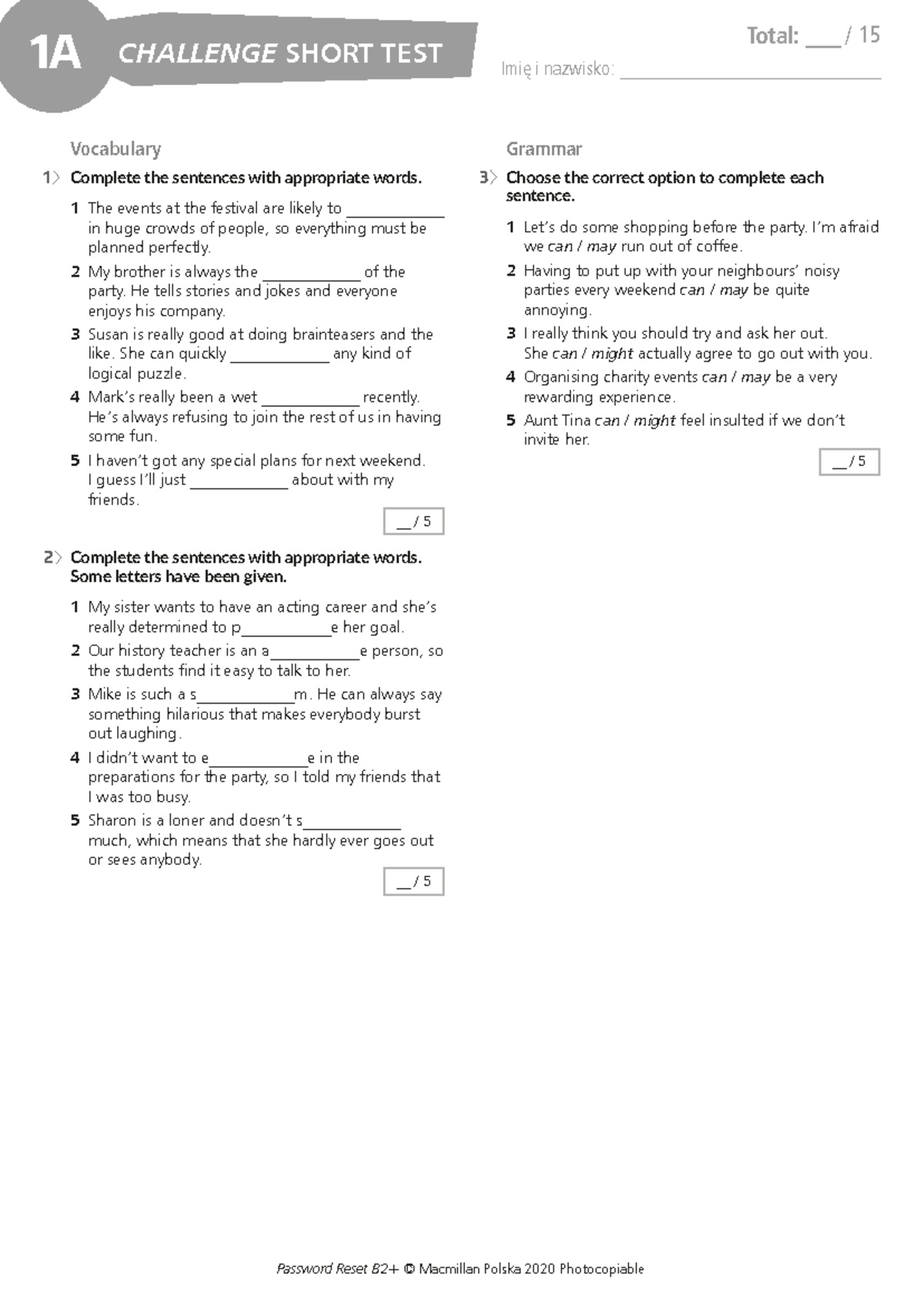 B2+ CST 1A Vocabulary & Grammar Challenge Short Test - Studocu