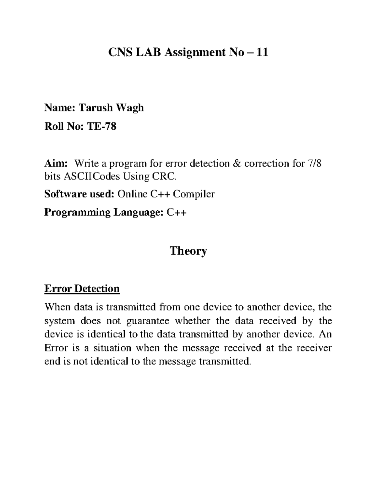 CNS LAB Assignment 11: Error Detection & Correction Using CRC for ASCII ...