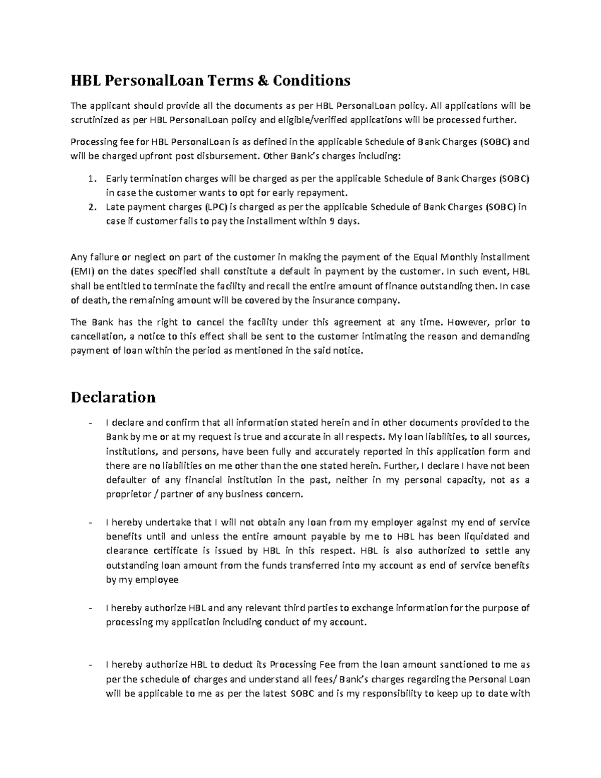 HBL Personal Loan - Comprehensive Terms & Conditions Guide - Studocu