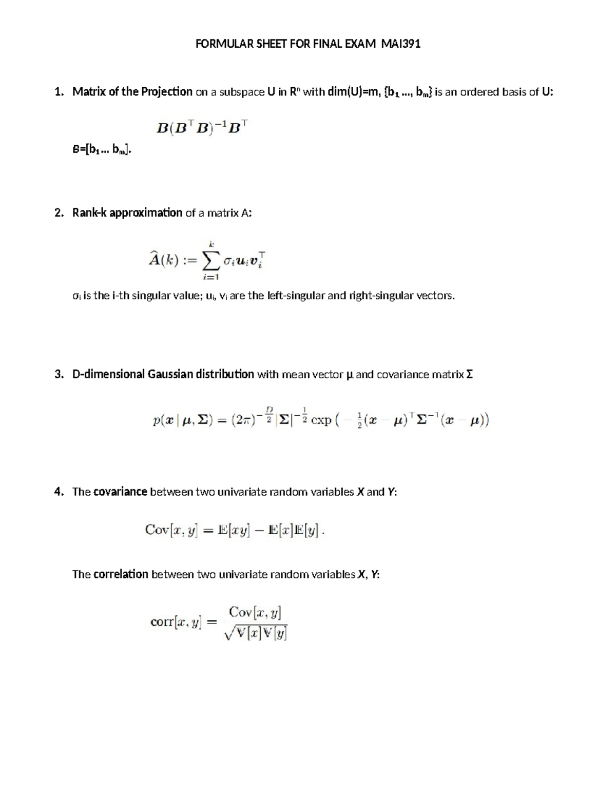 Formula Sheet for Final Exam MAI391: Key Concepts and Formulas - Studocu