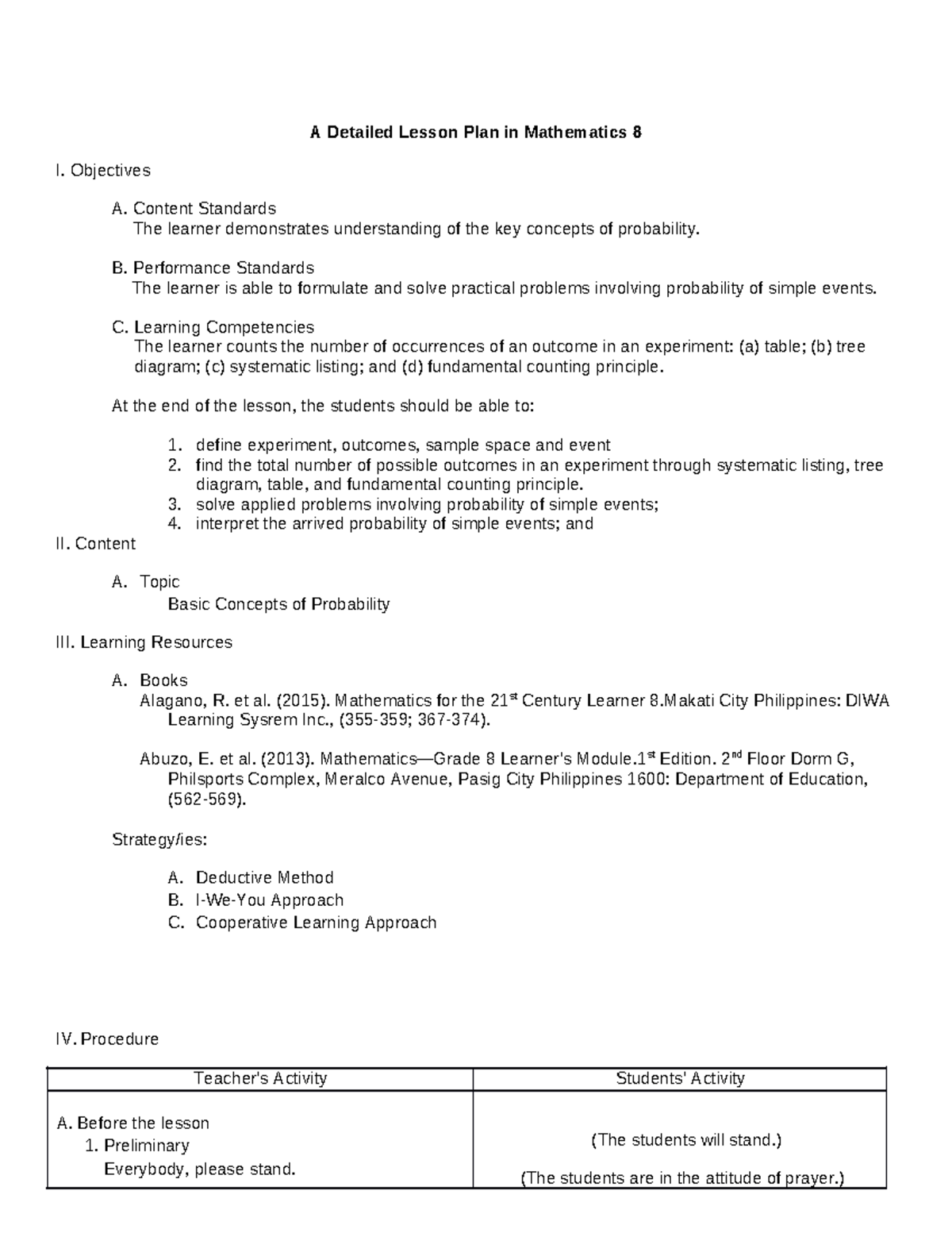 Mathematics 8: Detailed Lesson Plan on Basic Concepts of Probability ...