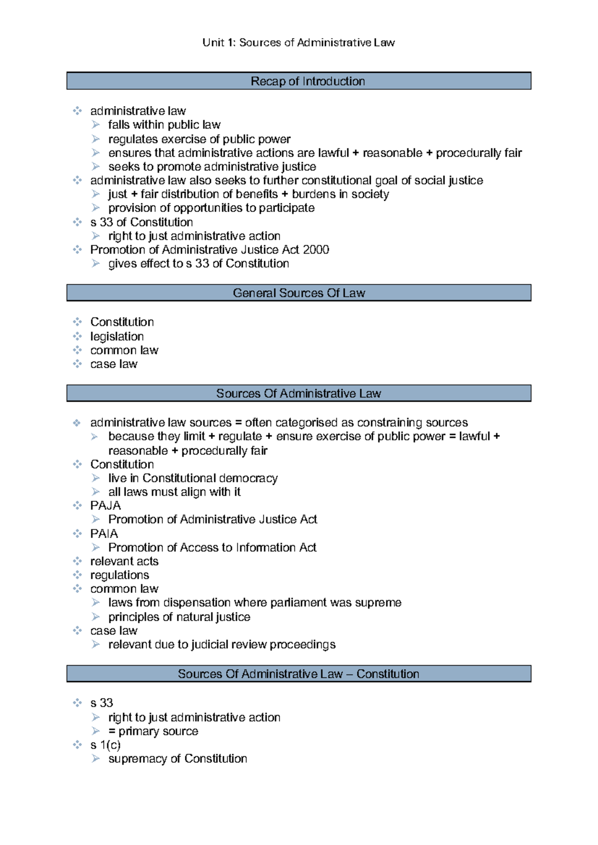 Unit 1: Recap on Sources of Administrative Law - Summary Notes - Studocu