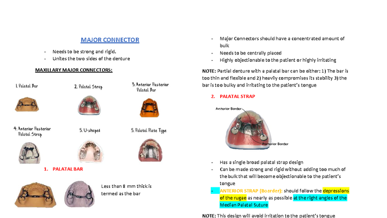 RPD- Reviewer: Maxillary and Mandibular Major Connectors Overview - Studocu