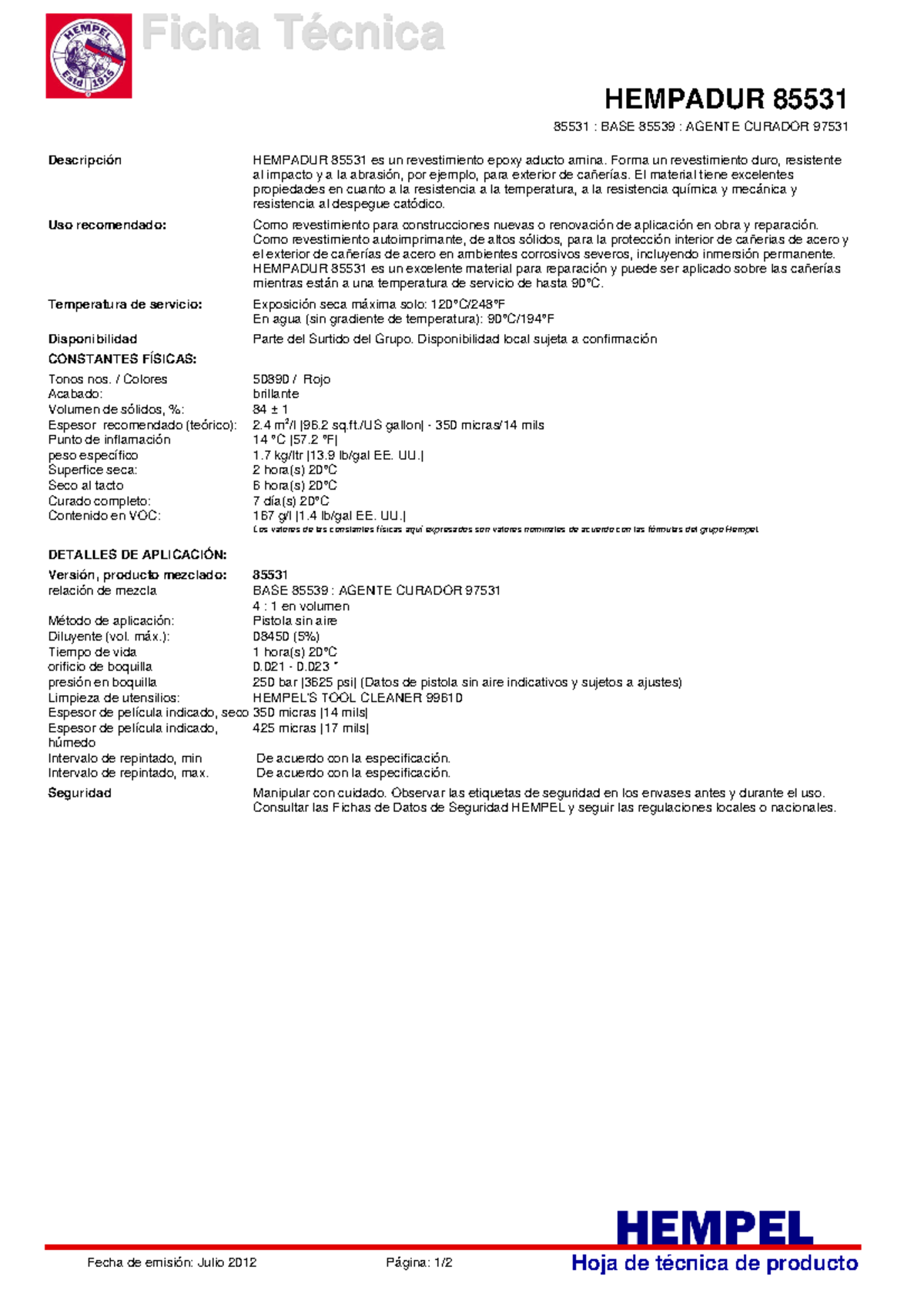 Ficha Técnica HEMPADUR 85531: Revestimiento Epóxico y Aplicaciones ...