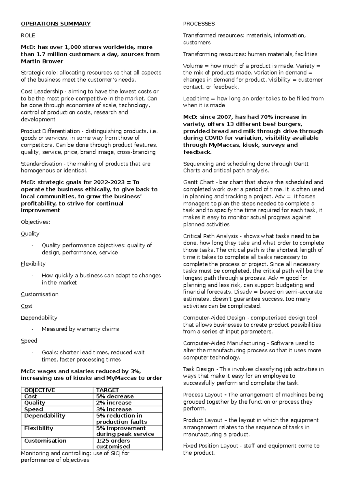 Operations Summary - Processes and Strategic Role at McD - Studocu