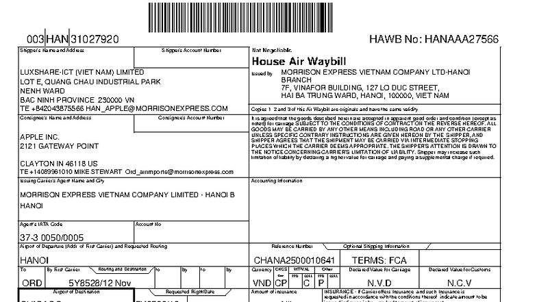 Air Waybill HAWB No: c .......... h .......... a .......... for ...