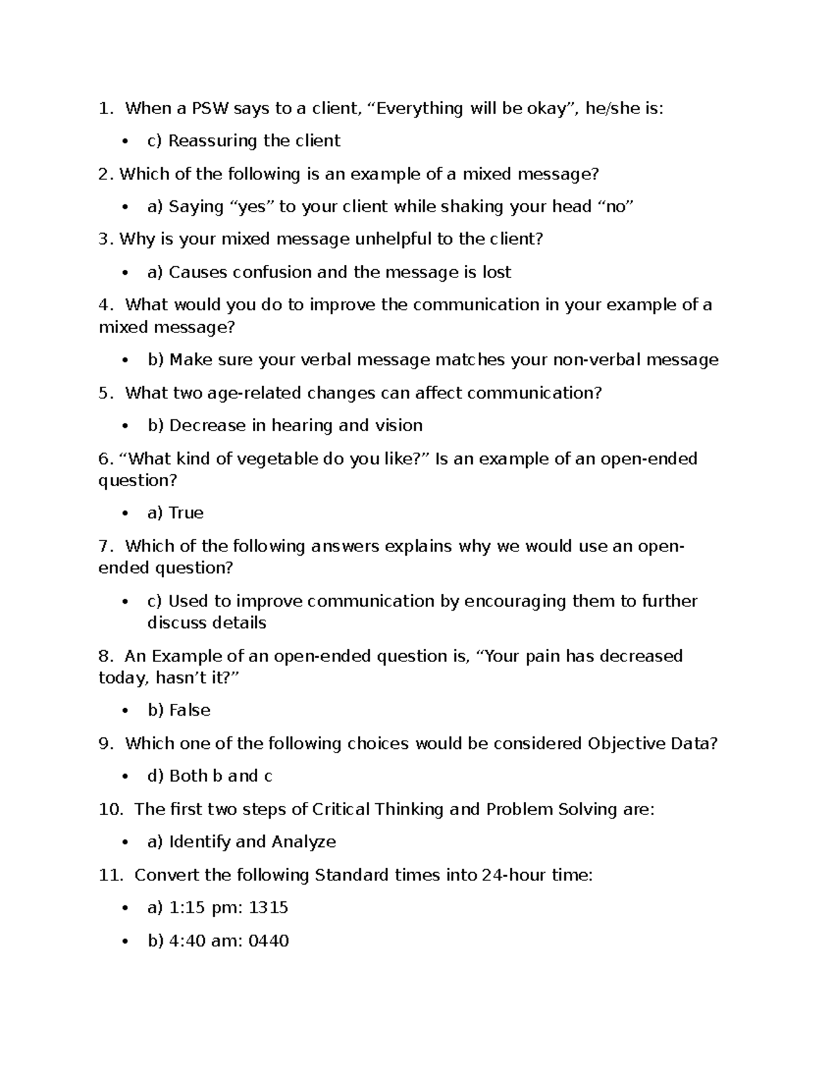 PSW Test 1C - Communication Skills and Mixed Messages - Studocu