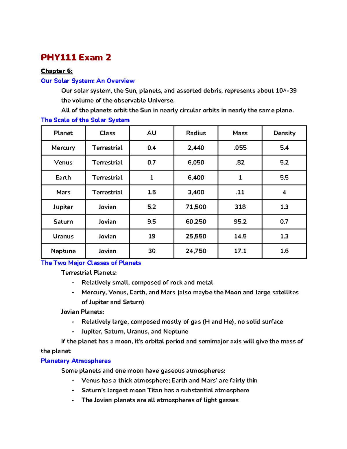 Exam 2 Notes 10 25 - Summary Astronomy And Space Physics - PHY111 Exam ...