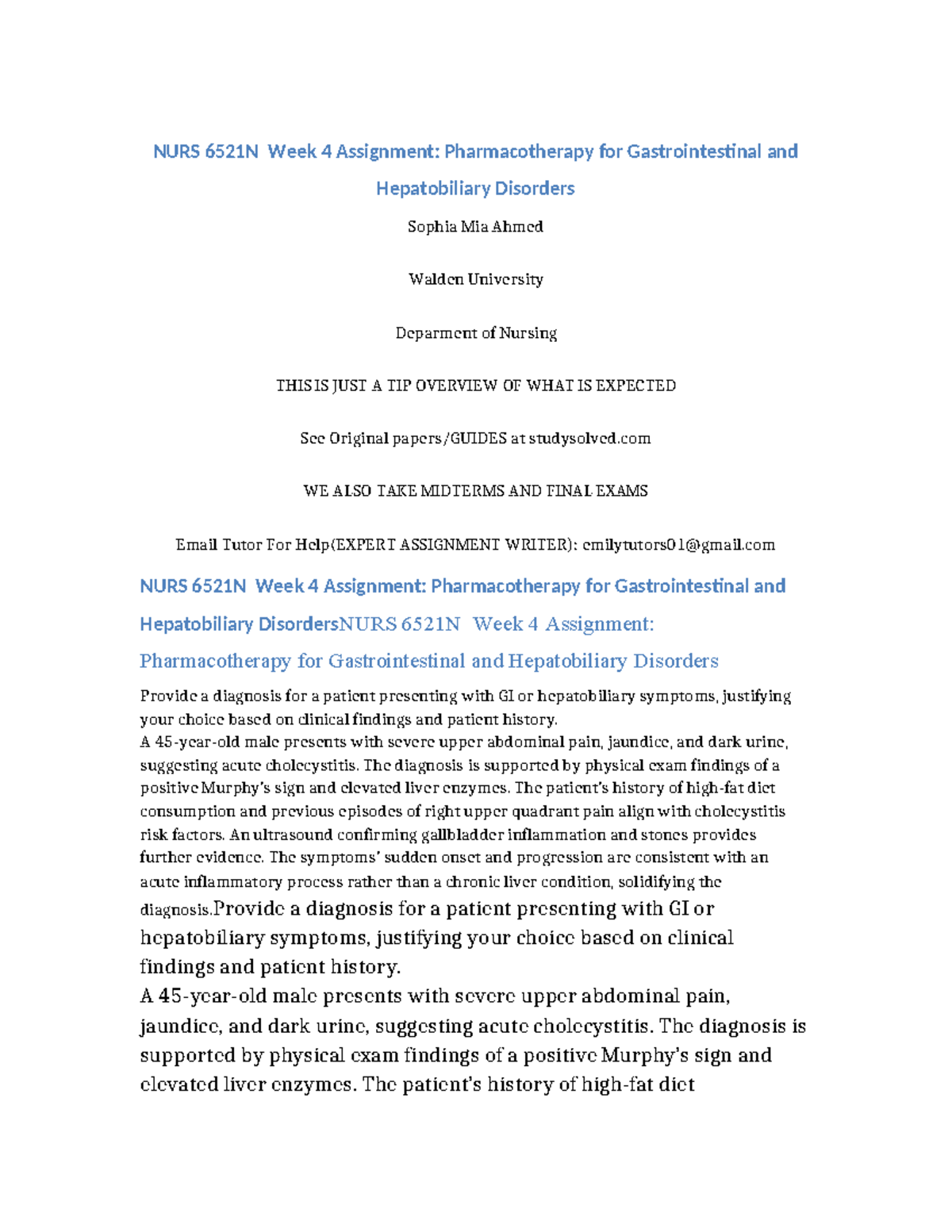 NURS 6521N Week 4 Assignment Pharmacotherapy for Gastrointestinal and ...