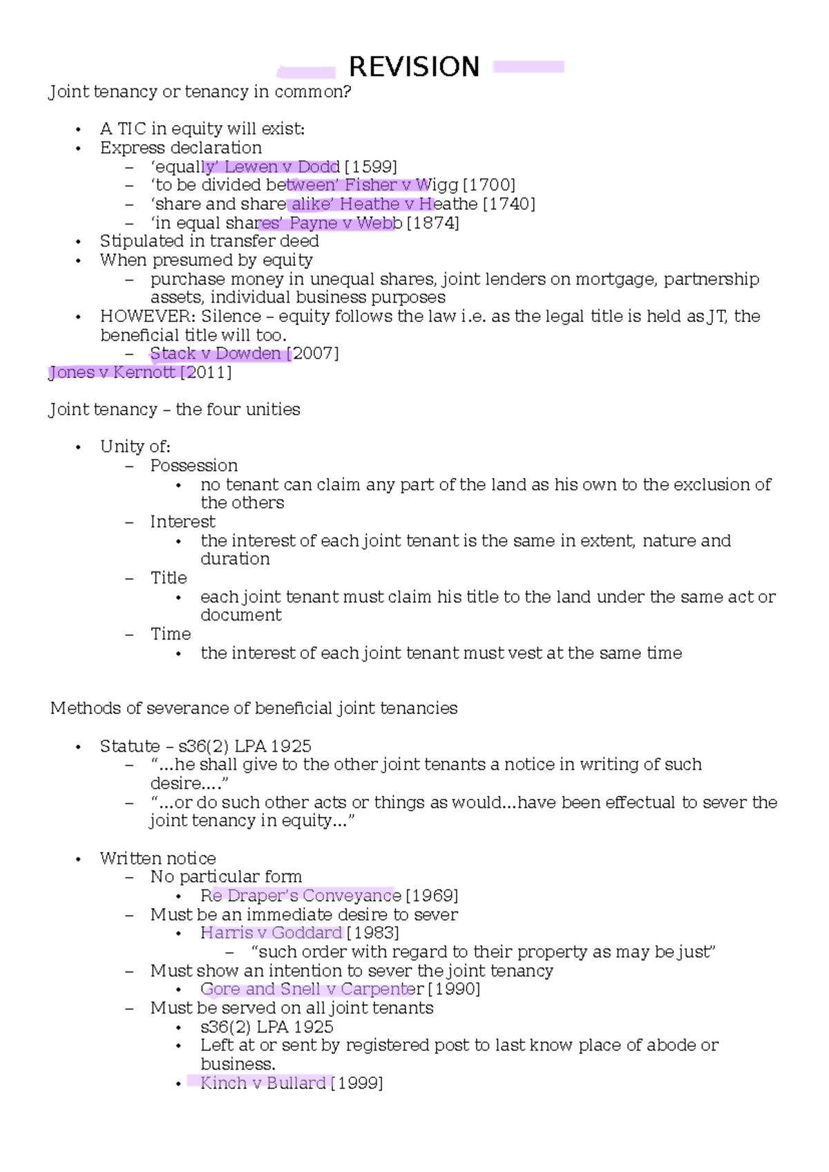 Revision Notes for Land Law (LLB 101) - Joint Tenancies & Trusts - Studocu