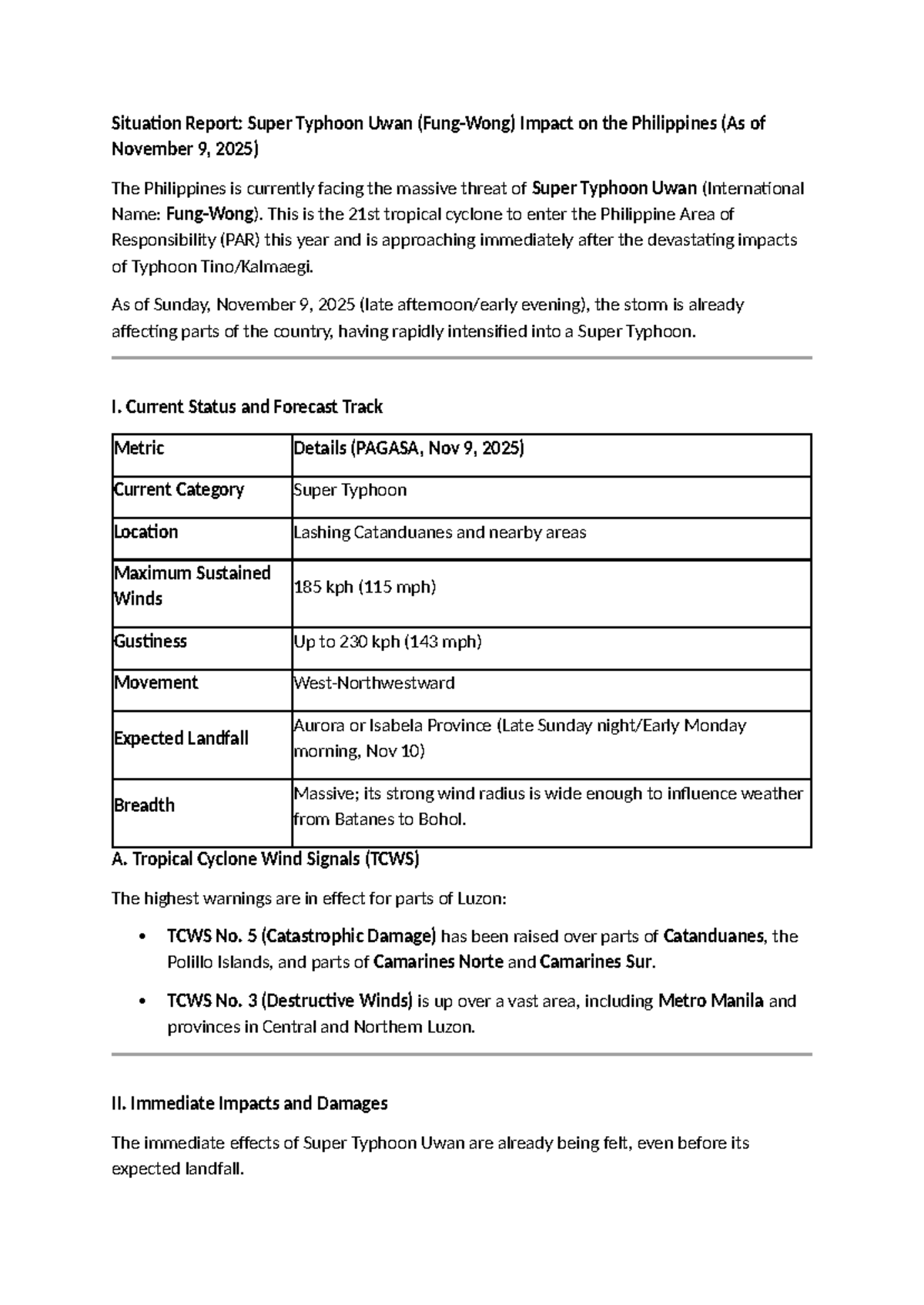 Situation Report: Super Typhoon Uwan's Impact on the Philippines (Nov 9 ...