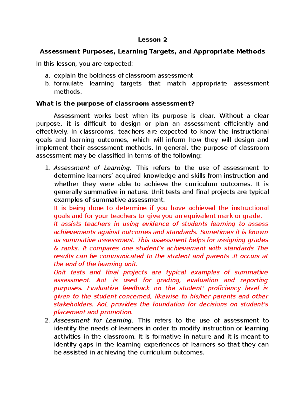 Assessment in Learning 1: Lesson 2 - Purposes & Methods - Studocu
