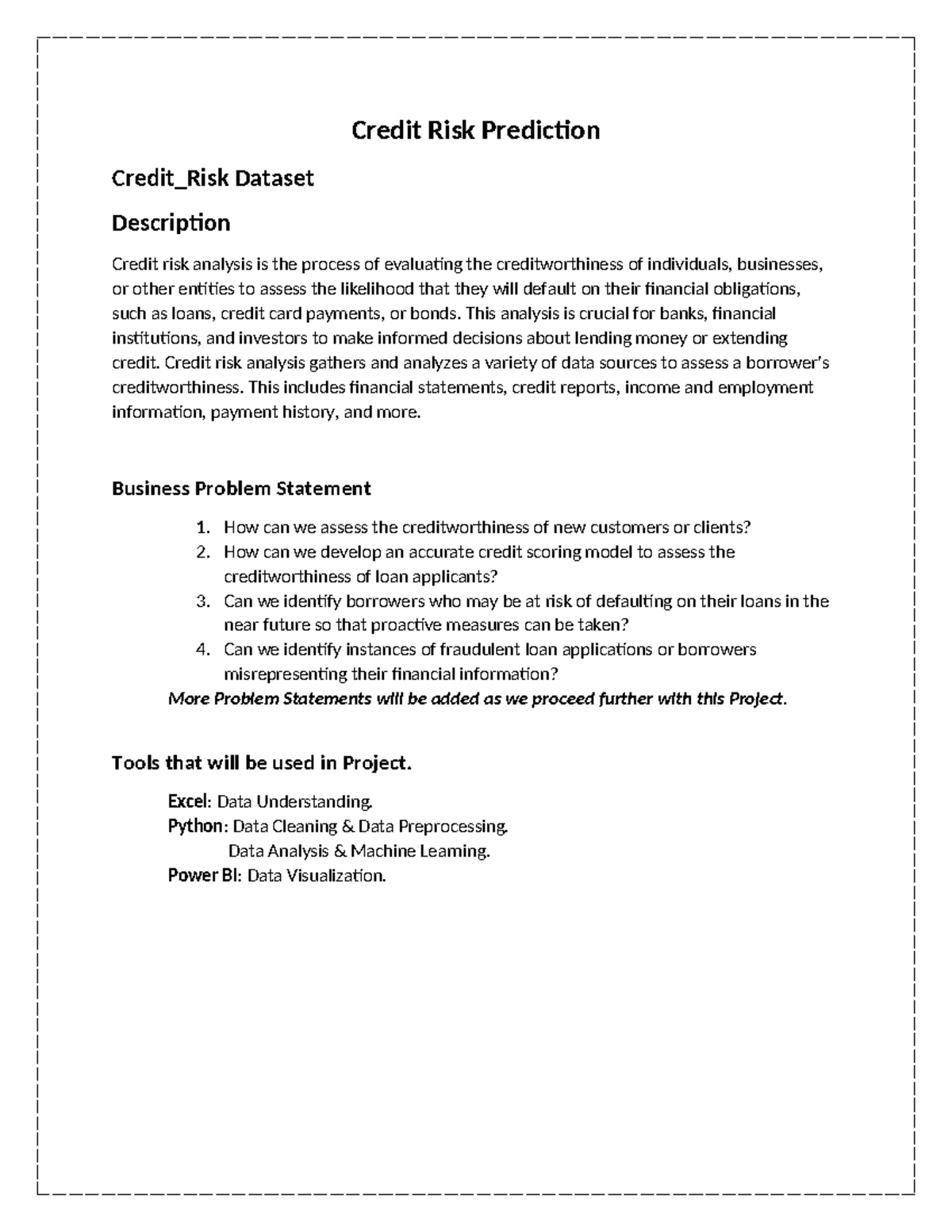 Credit Risk Prediction Project Report (FIN 101) - Studocu