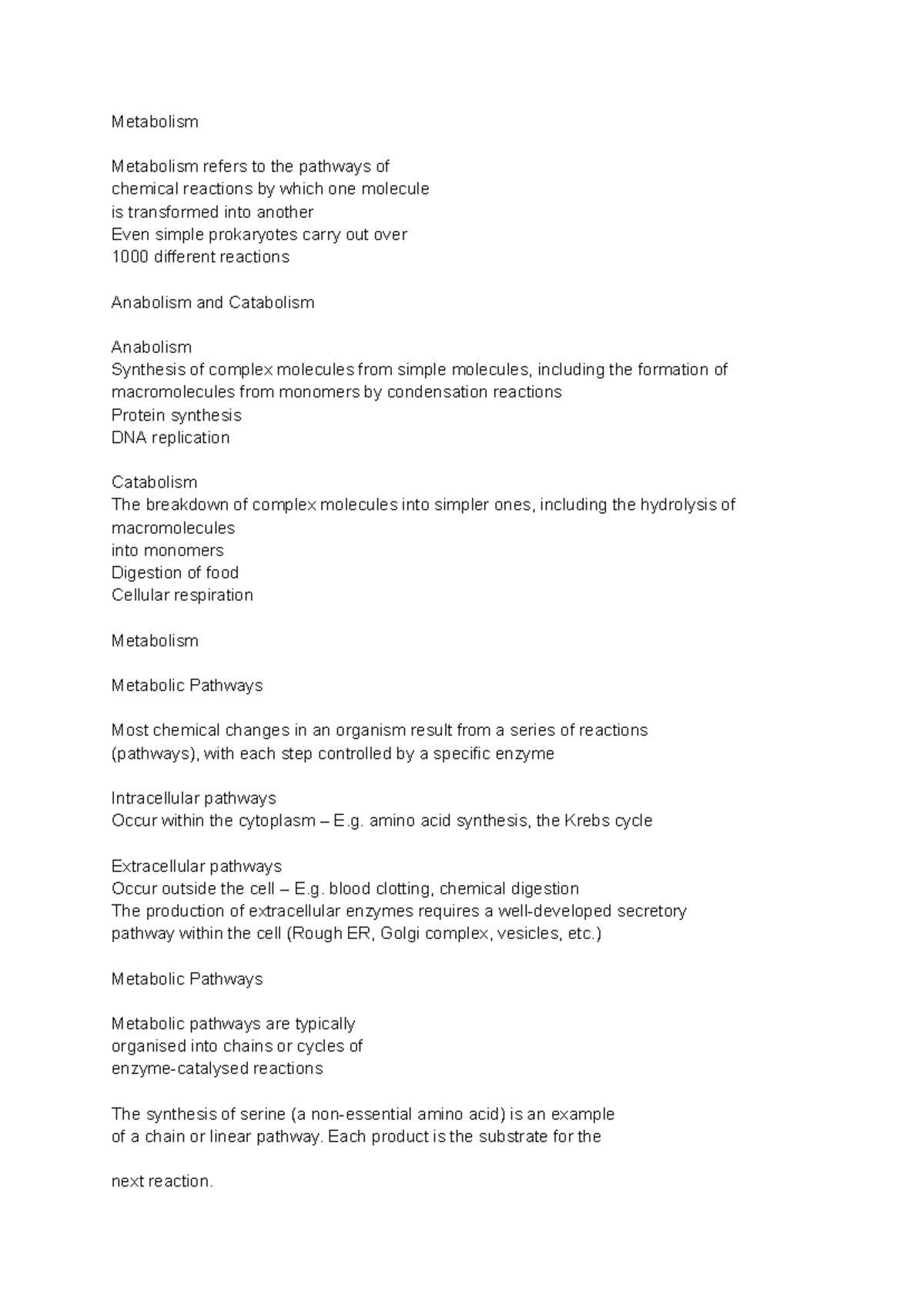 BIO 101: Metabolism and Enzyme Kinetics - Revision Notes - Studocu