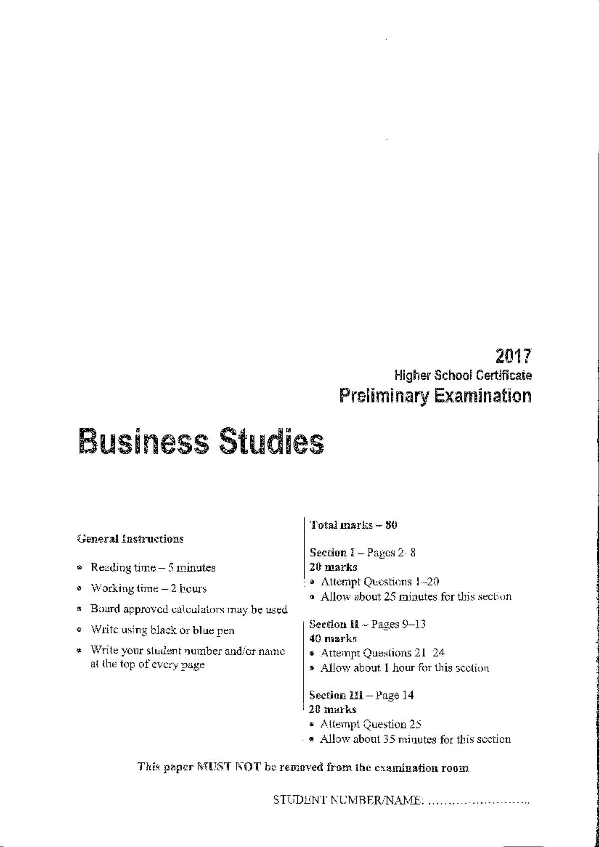 2017 HSC Preliminary Exam Business Studies - Total Marks 80 - Studocu