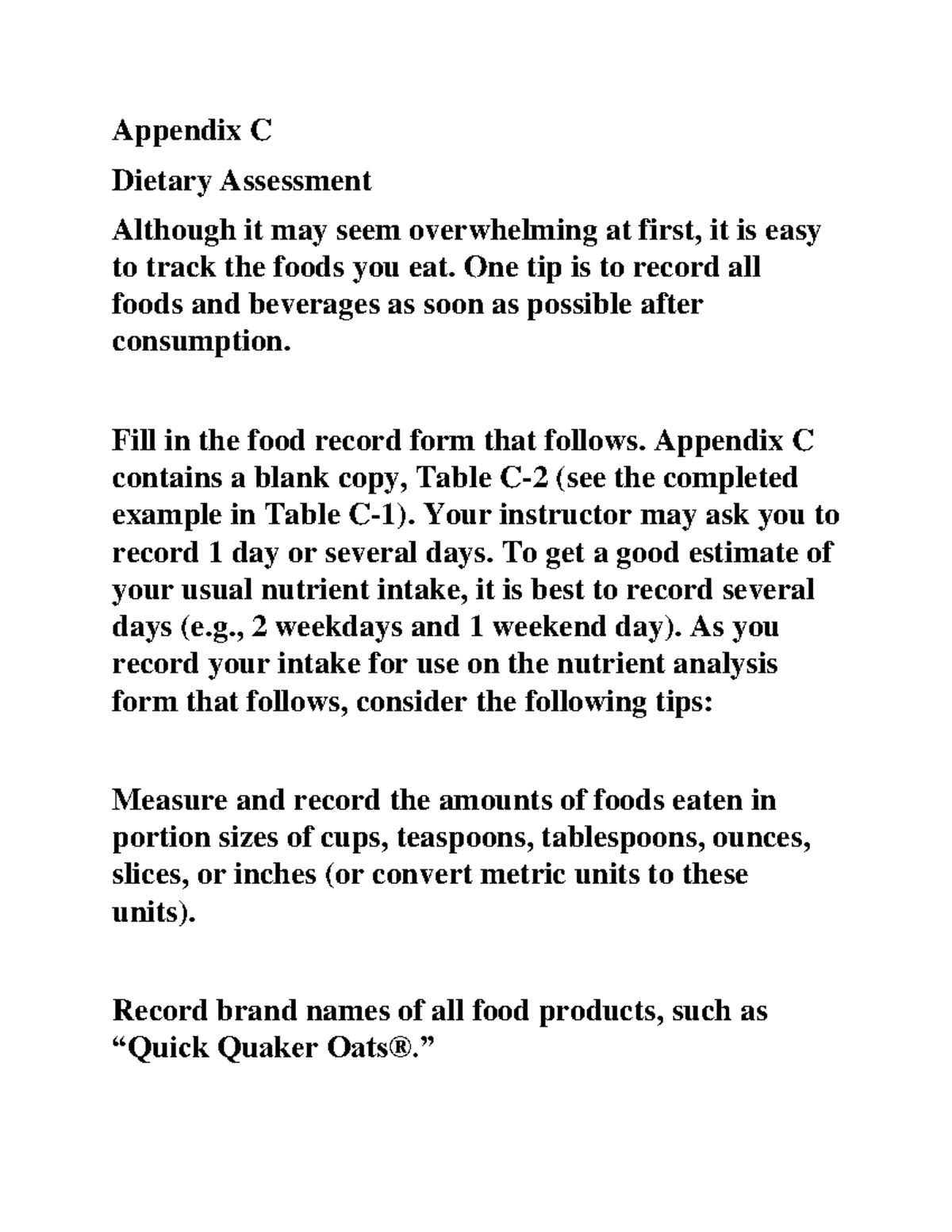 BSHN 1400 - Appendix C: Dietary Assessment and Food Tracking Guide ...