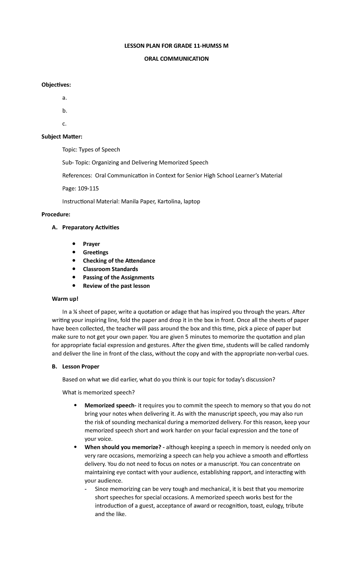 Lesson PLAN FOR Grade 11 - LESSON PLAN FOR GRADE 11-HUMSS M ORAL ...