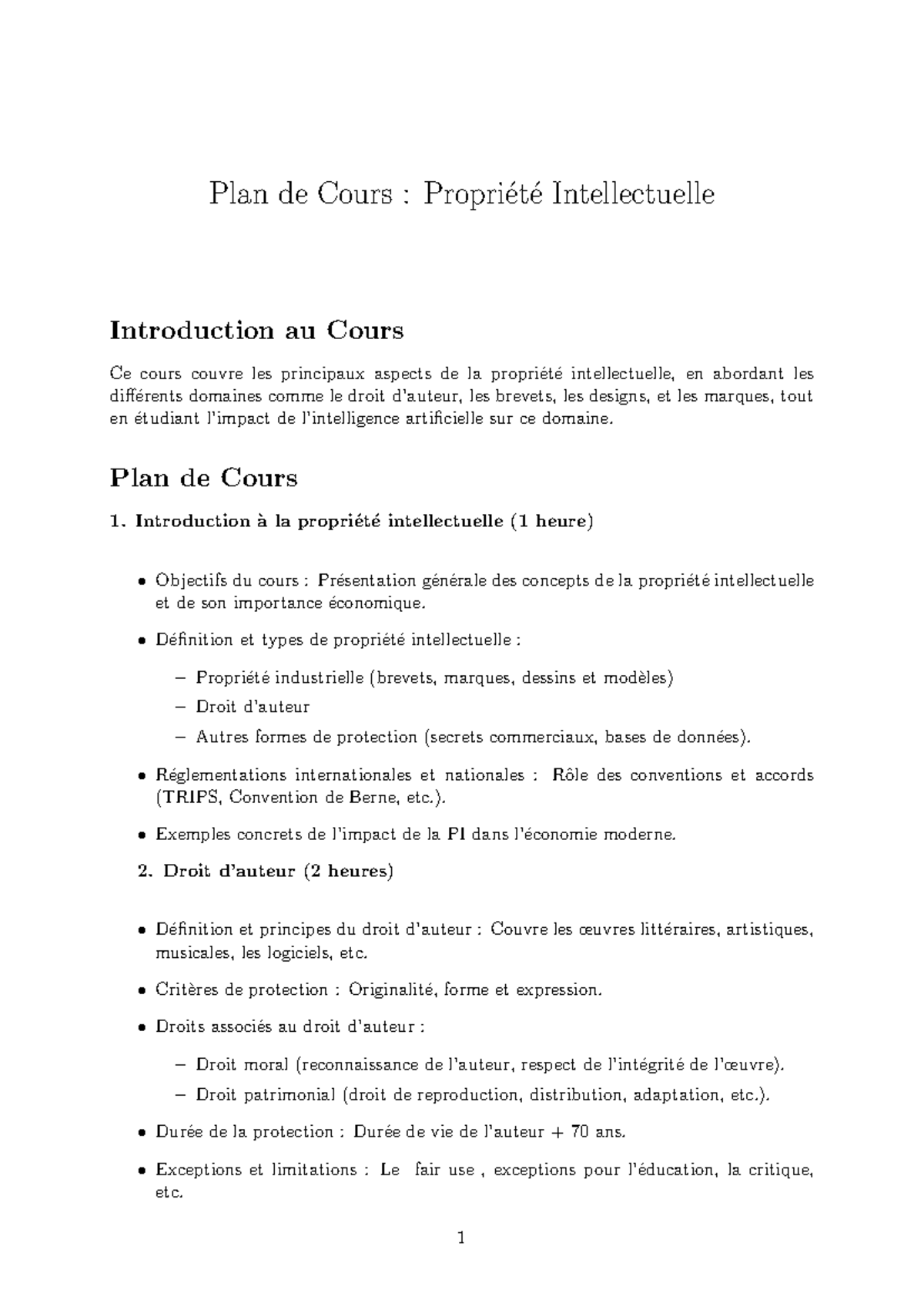 Plan de Cours : Propriété Intellectuelle - Introduction et Droit (PI101 ...