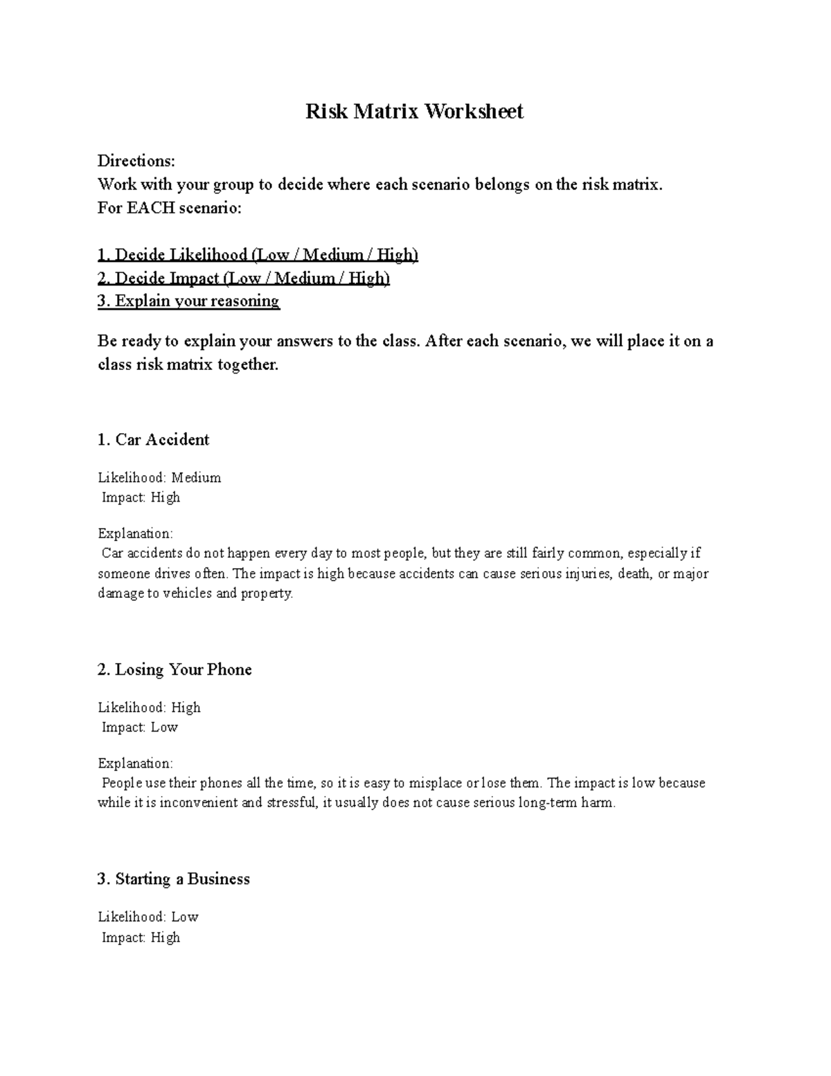 Risk Matrix Worksheet Analysis for Group Discussion - Studocu