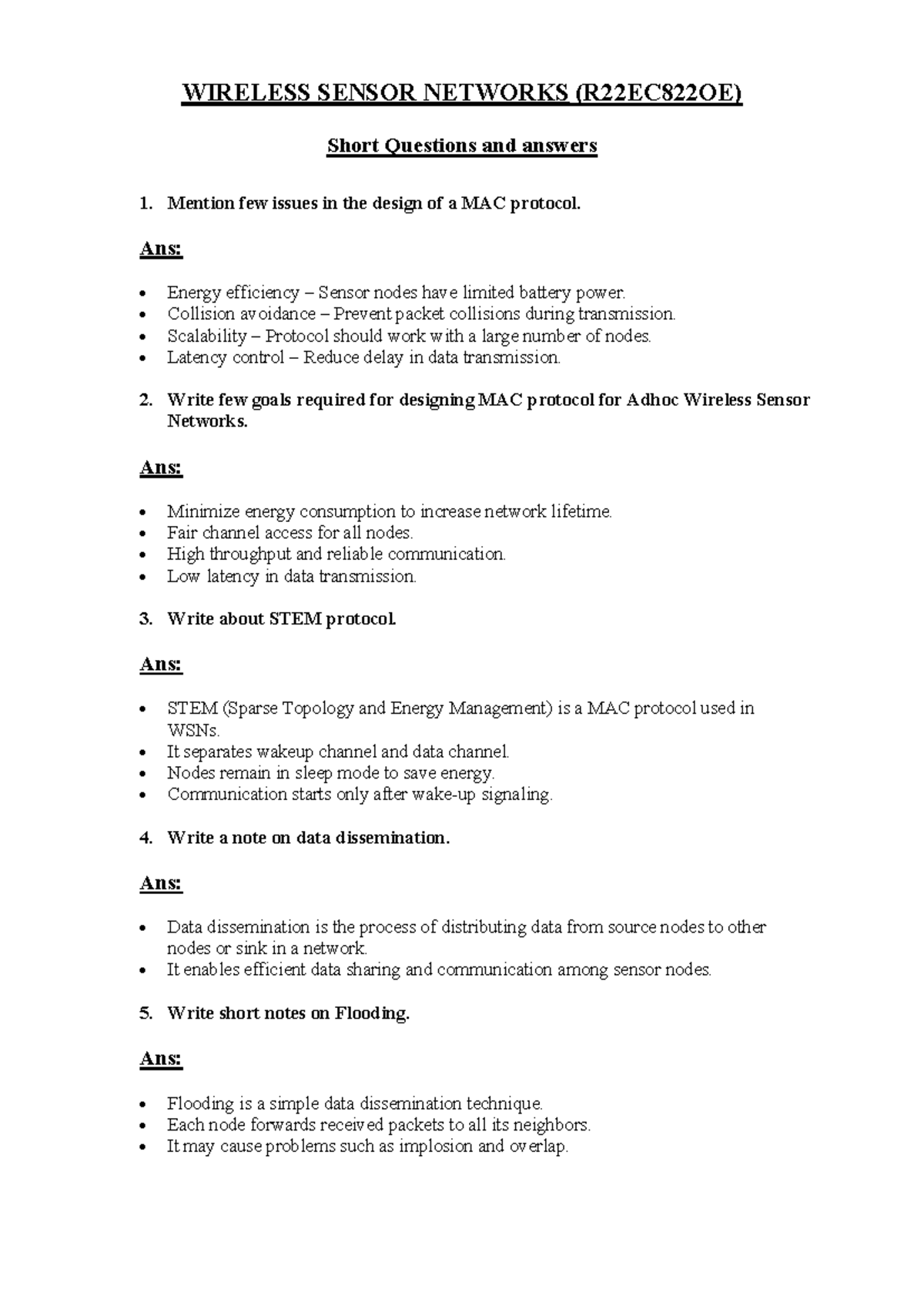MID II-WSN (R22EC822OE) Short Question Answers on MAC Protocols - Studocu