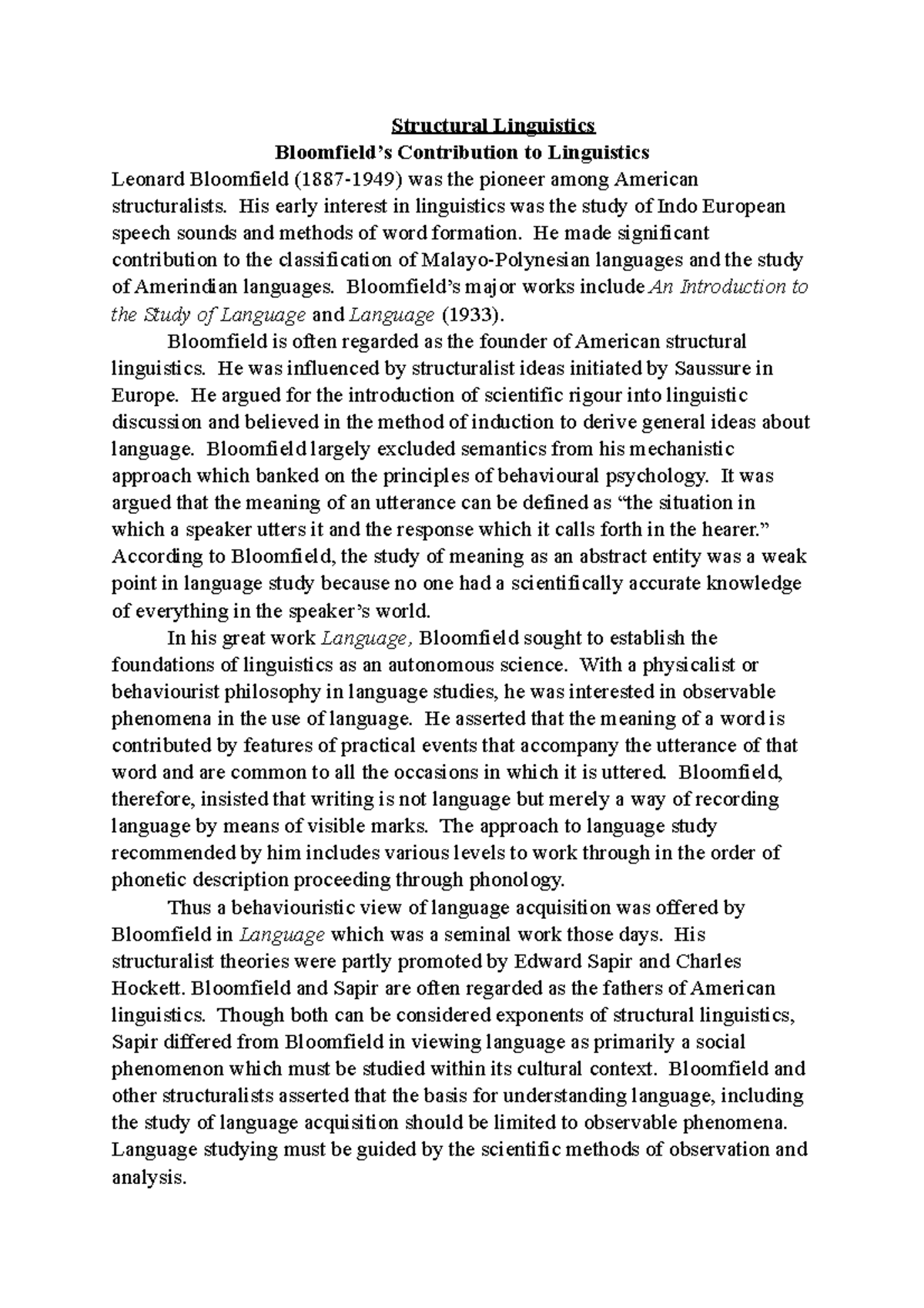 Bloomfield’s Structural Linguistics: Key Contributions and Theories ...