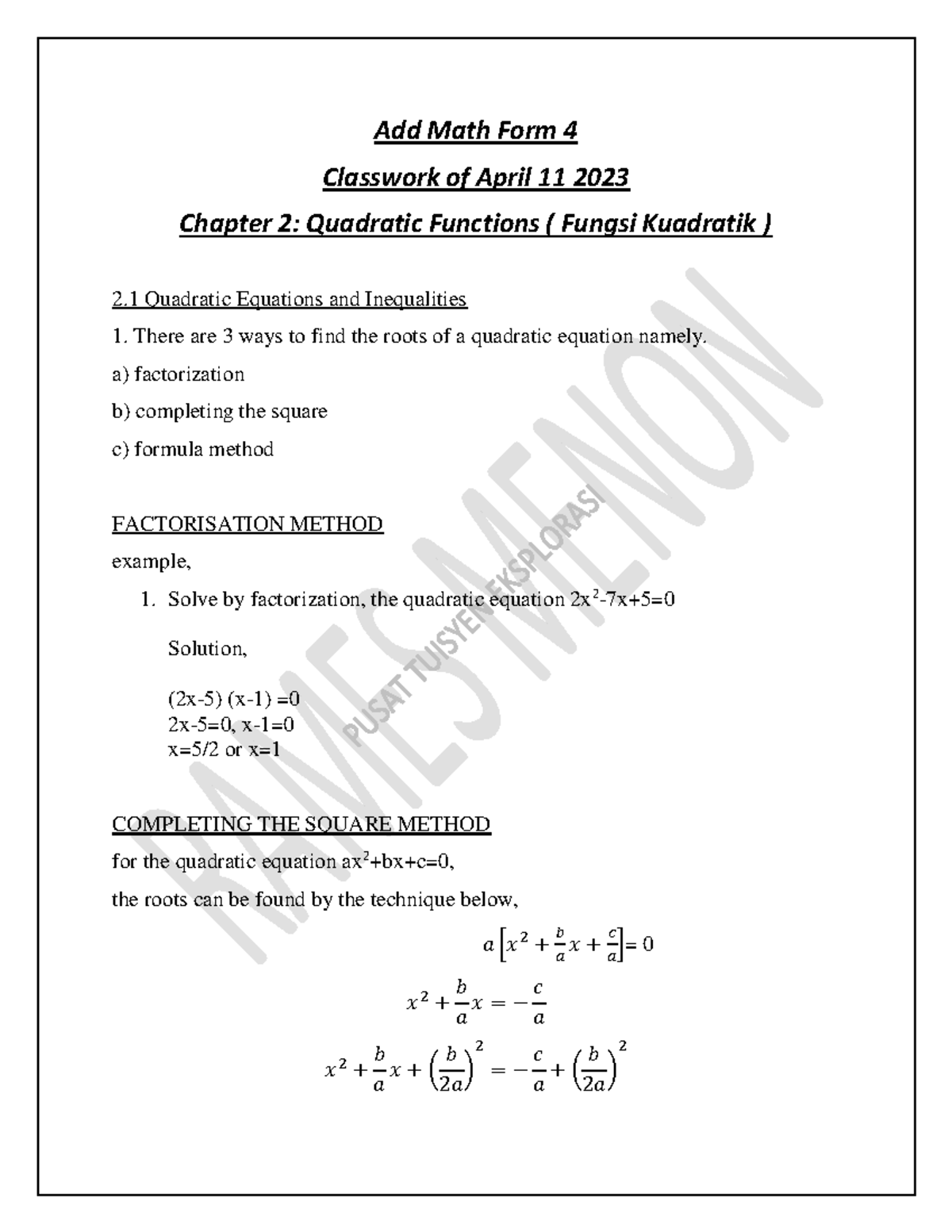 Add Math Form 4 Classwork: Chapter 2 Quadratic Functions (2023) - Studocu