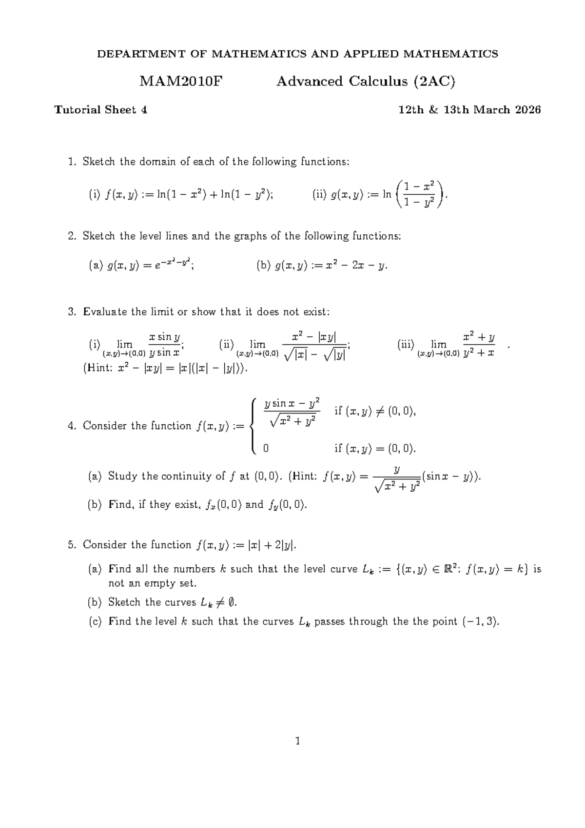 MAM2010F Advanced Calculus (2AC) Tutorial Sheet 4 Notes - Studocu